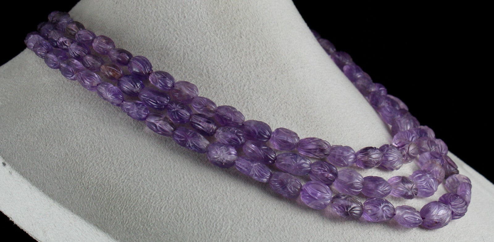 Antique Carved Amethyst Beads Necklace 716 Ct Sterling Silver 3 Line Gemstone