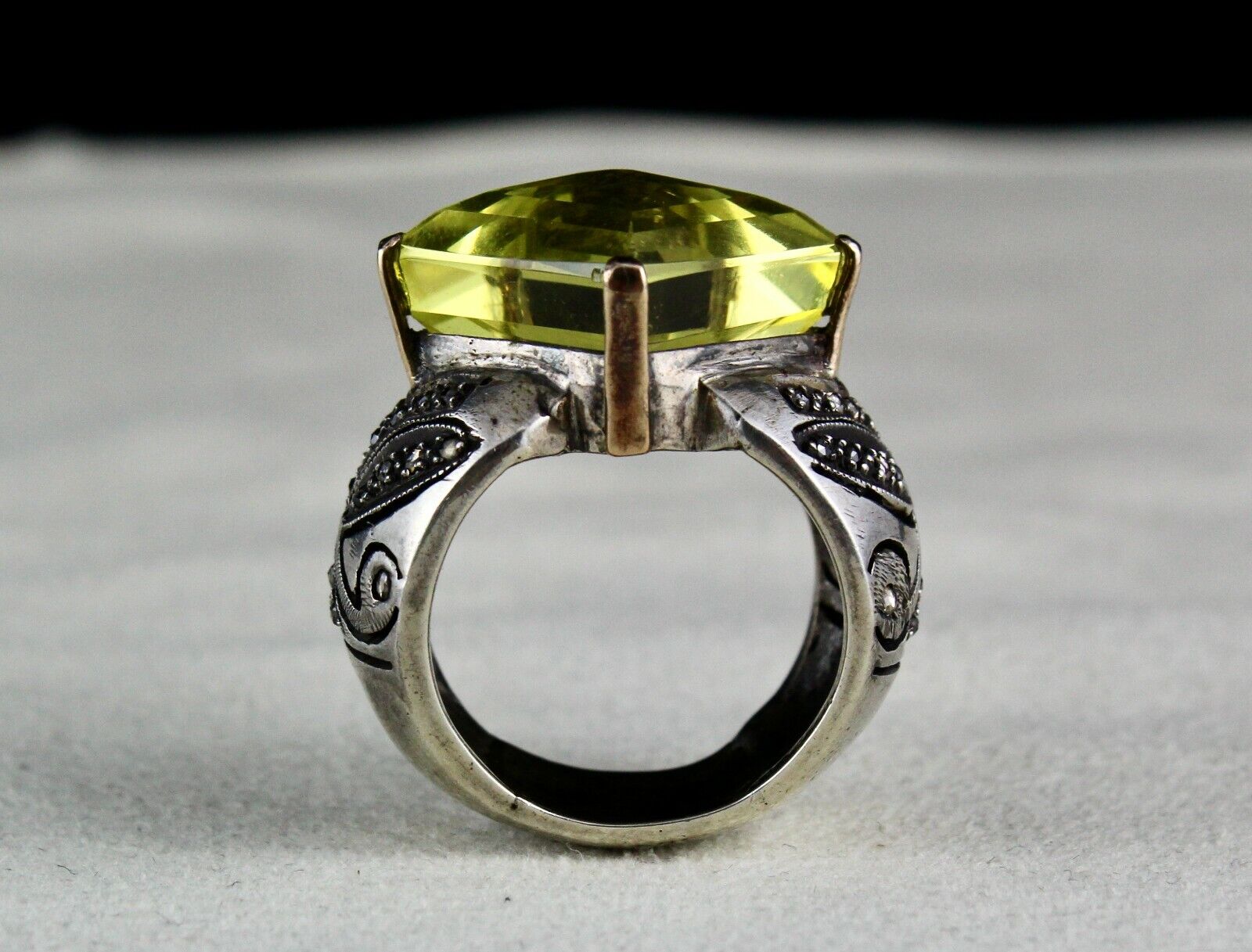NATURAL LEMON QUARTZ GEMSTONE DIAMOND 18K GOLD SILVER COCKTAIL VICTORIAN RING