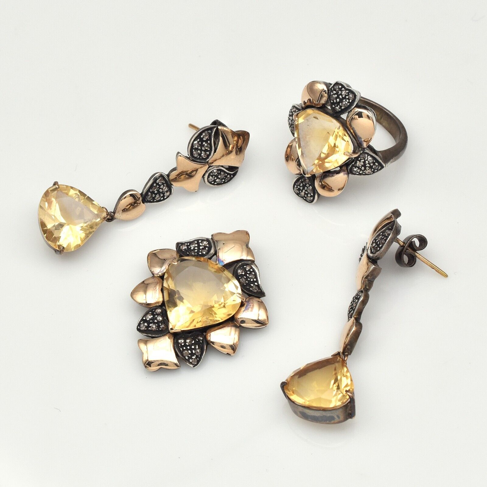 Natural Yellow Citrine Diamond 18K Gold 925 Silver Victorian Earring Pendant Set
