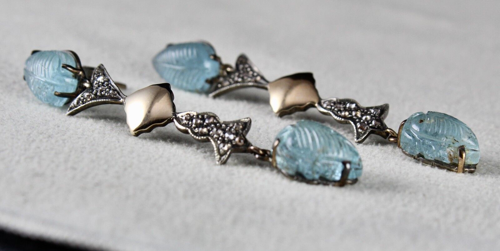 NATURAL BLUE AQUAMARINE CARVED DIAMOND 18K GOLD 925 SILVER VICTORIAN EARRING