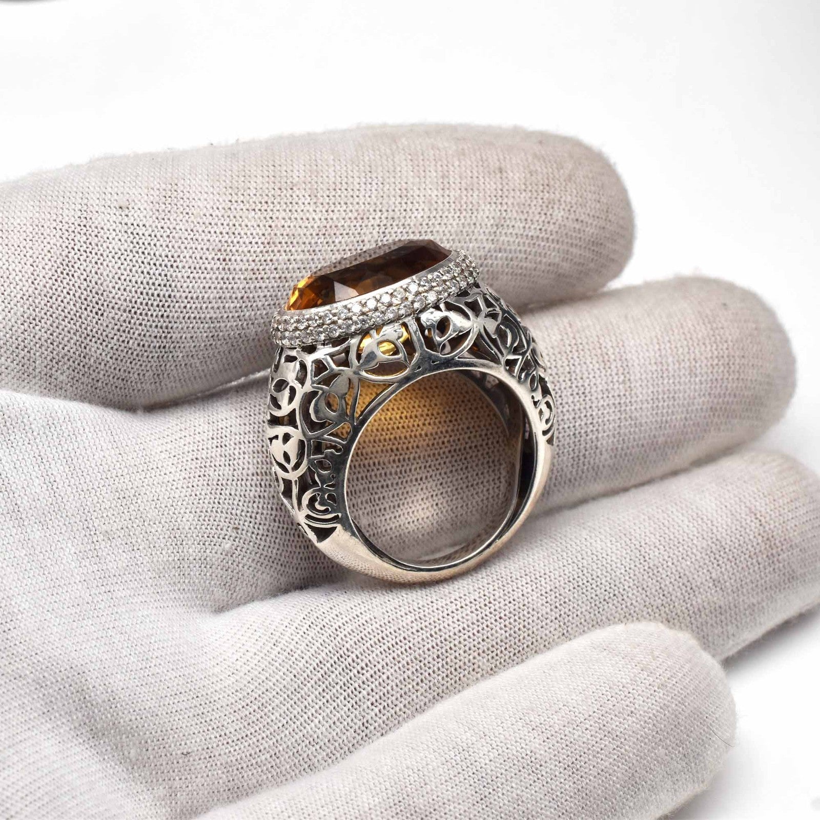 Natural Yellow Citrine Oval Cubic Zirconia Top Gemstone Silver Cocktail Ring