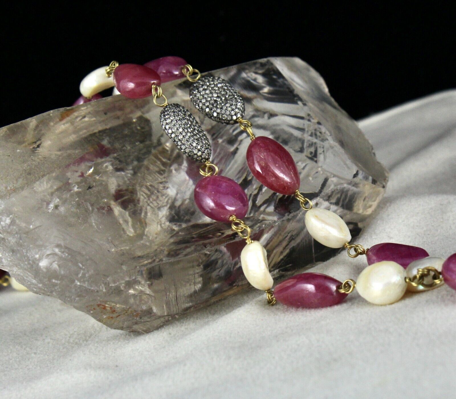 Certified Natural RUBY Nugget PEARL DIAMOND Bead Statement Necklace 18K Gold Set