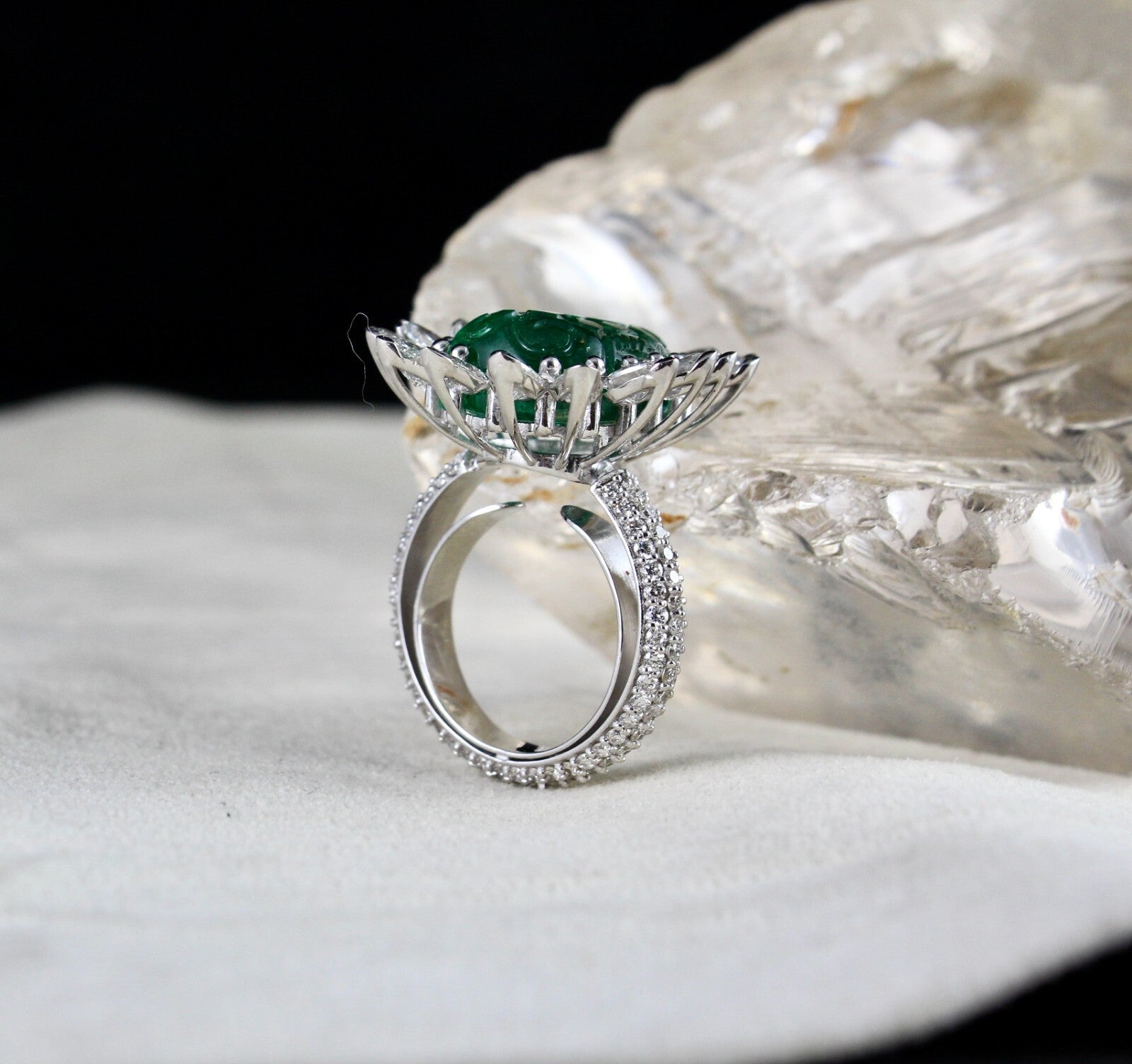 Certified Natural Zambian Emerald Carved Pear Natural Diamond 18k cocktail Ring