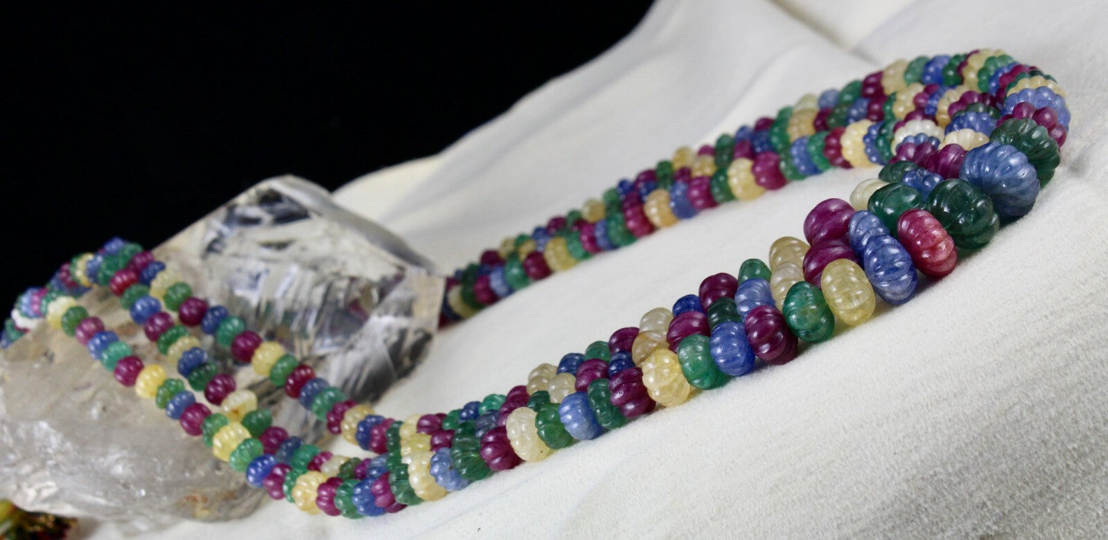 Certified Vintage Carved Emerald Ruby Sapphire Melon 973 Ct Necklace