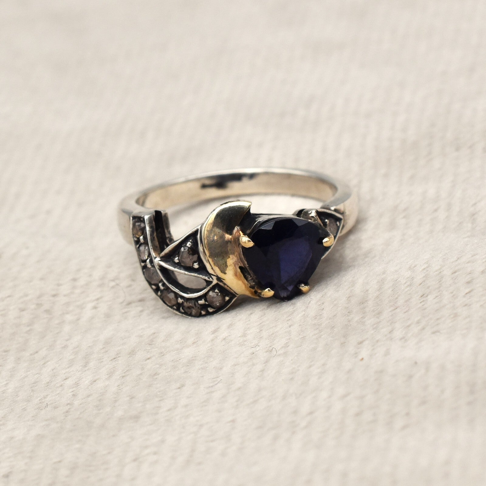 Vintage Blue Iolite 10ct Heart Cut 18k Gold Sterling Silver Victorian Ring