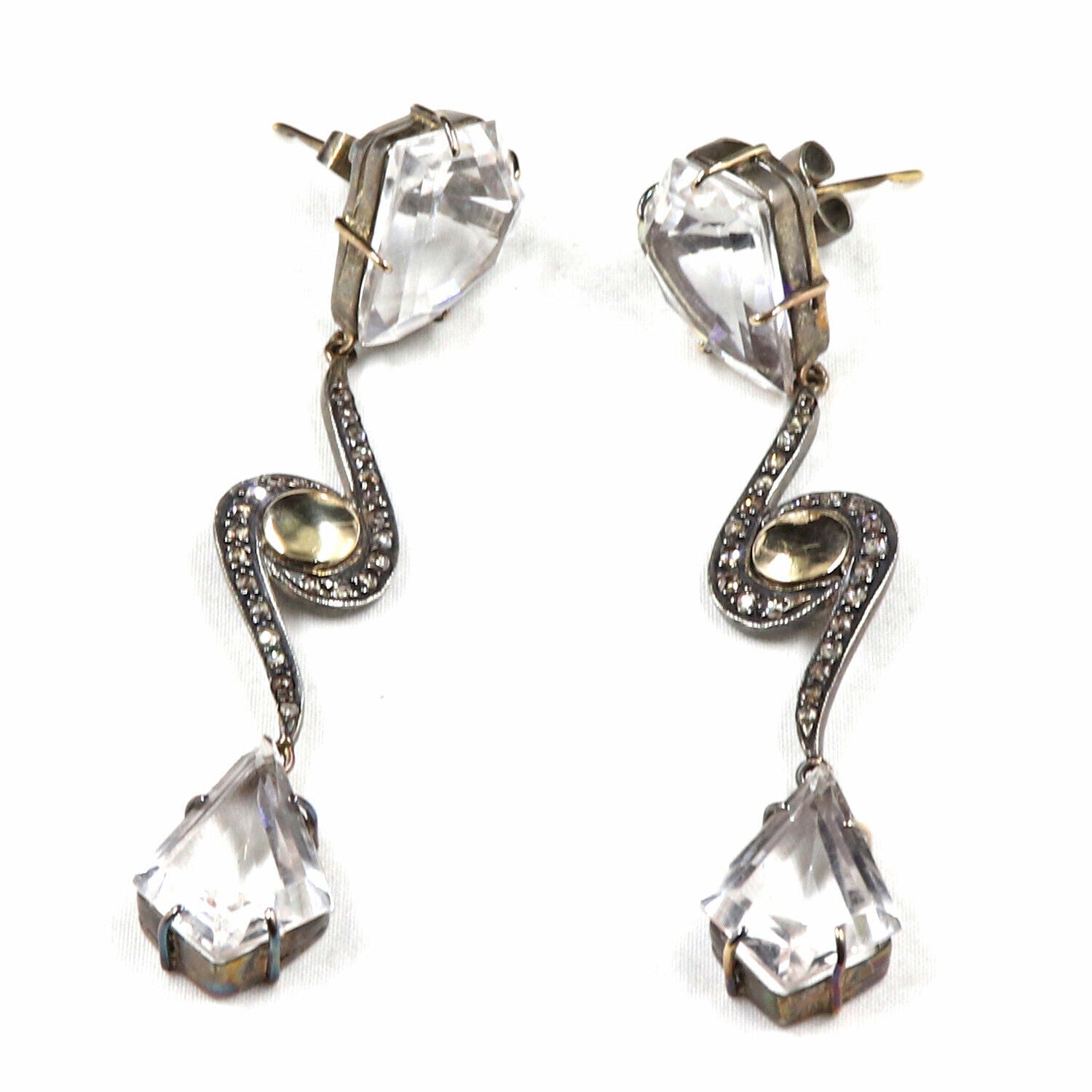 NATURAL ROCK CRYSTAL QUARTZ CARVED DIAMOND 18K GOLD 925 SILVER VICTORIAN EARRING