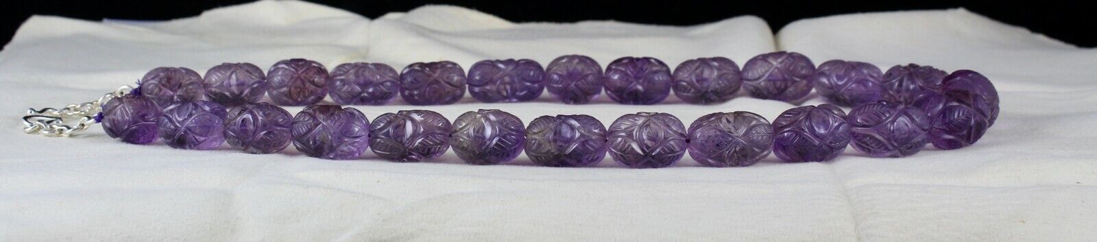 Natural Amethyst Engraved Beads 860 Ct Purple Gemstone Silver Vintage Necklace
