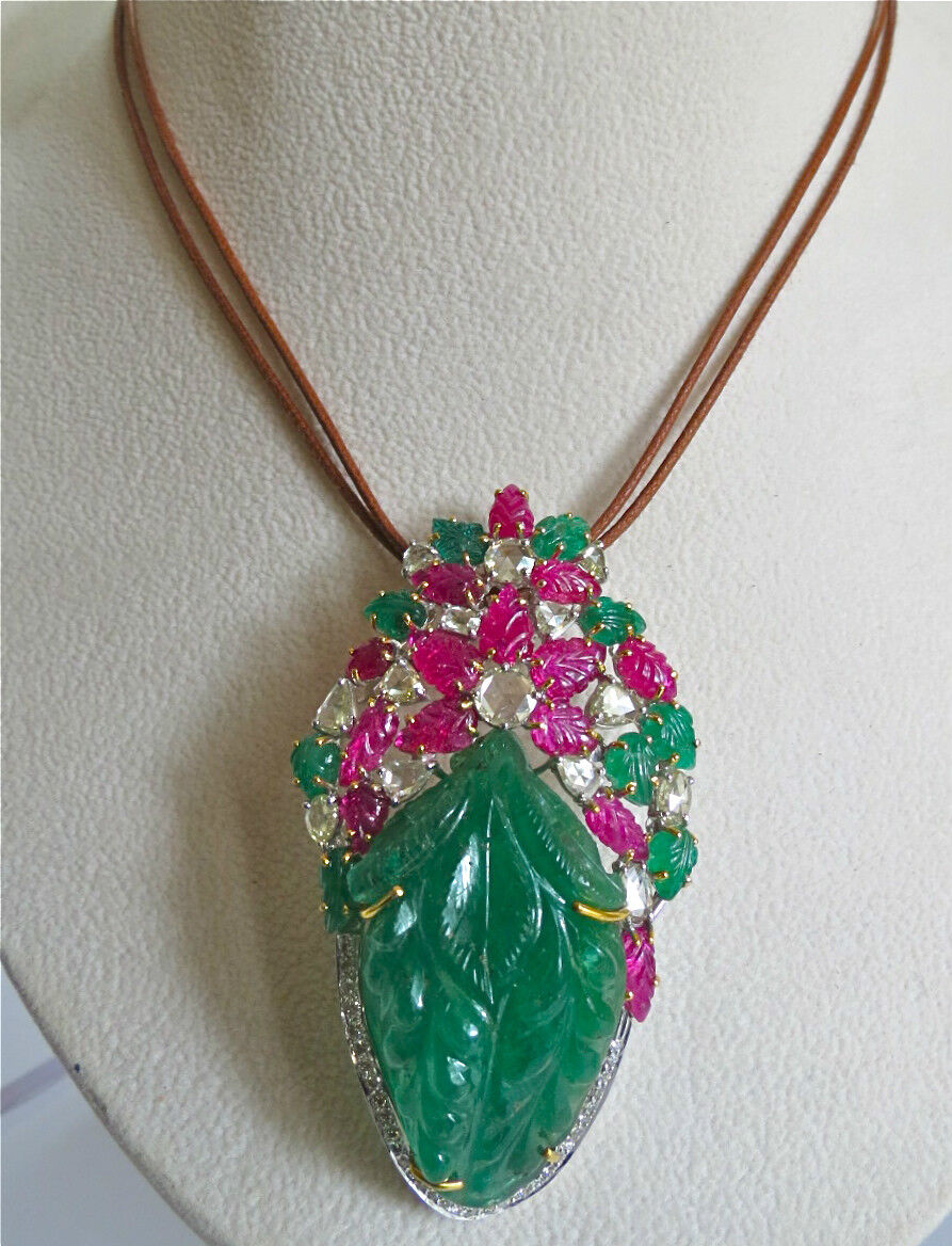 IMPORTANT VINTAGE OLD EMERALD CARVED RUBY DIAMOND PEARL 18KGOLD PENDANT NECKLACE