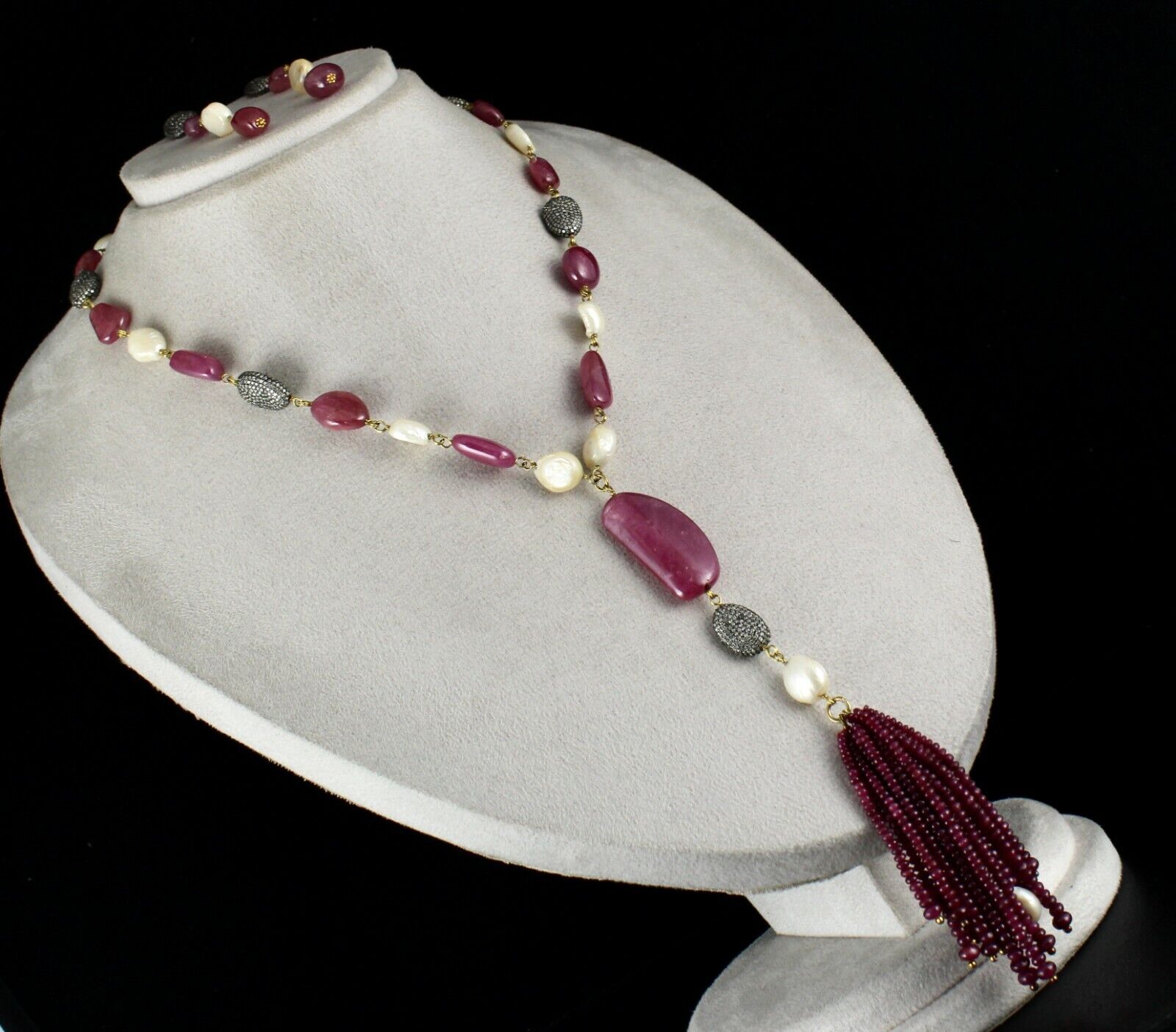 Certified Natural RUBY Nugget PEARL DIAMOND Bead Statement Necklace 18K Gold Set