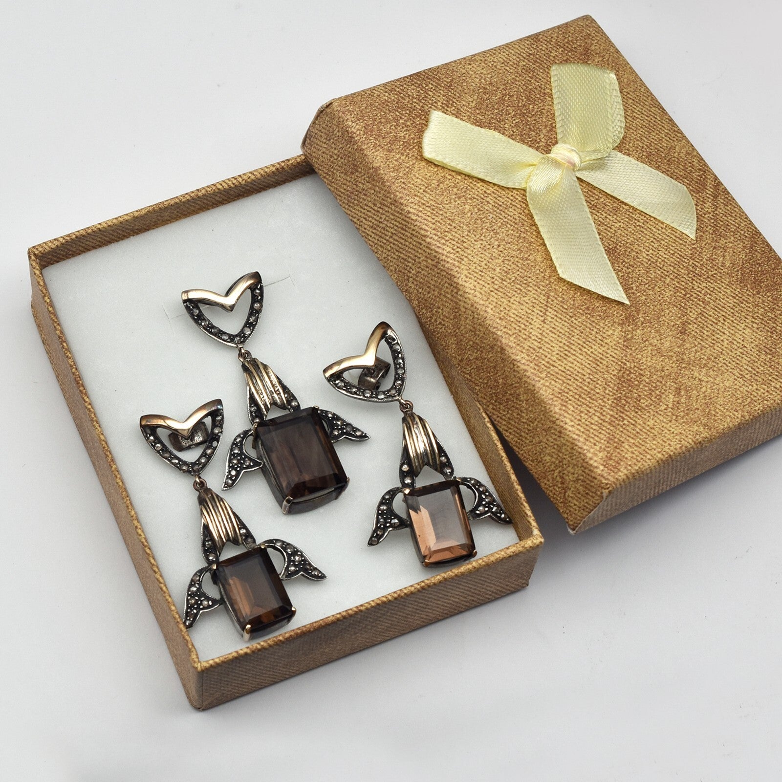 Fine Natural Smoky Quartz 10ct Natural Diamond Sterling Silver Gold Pendant Set