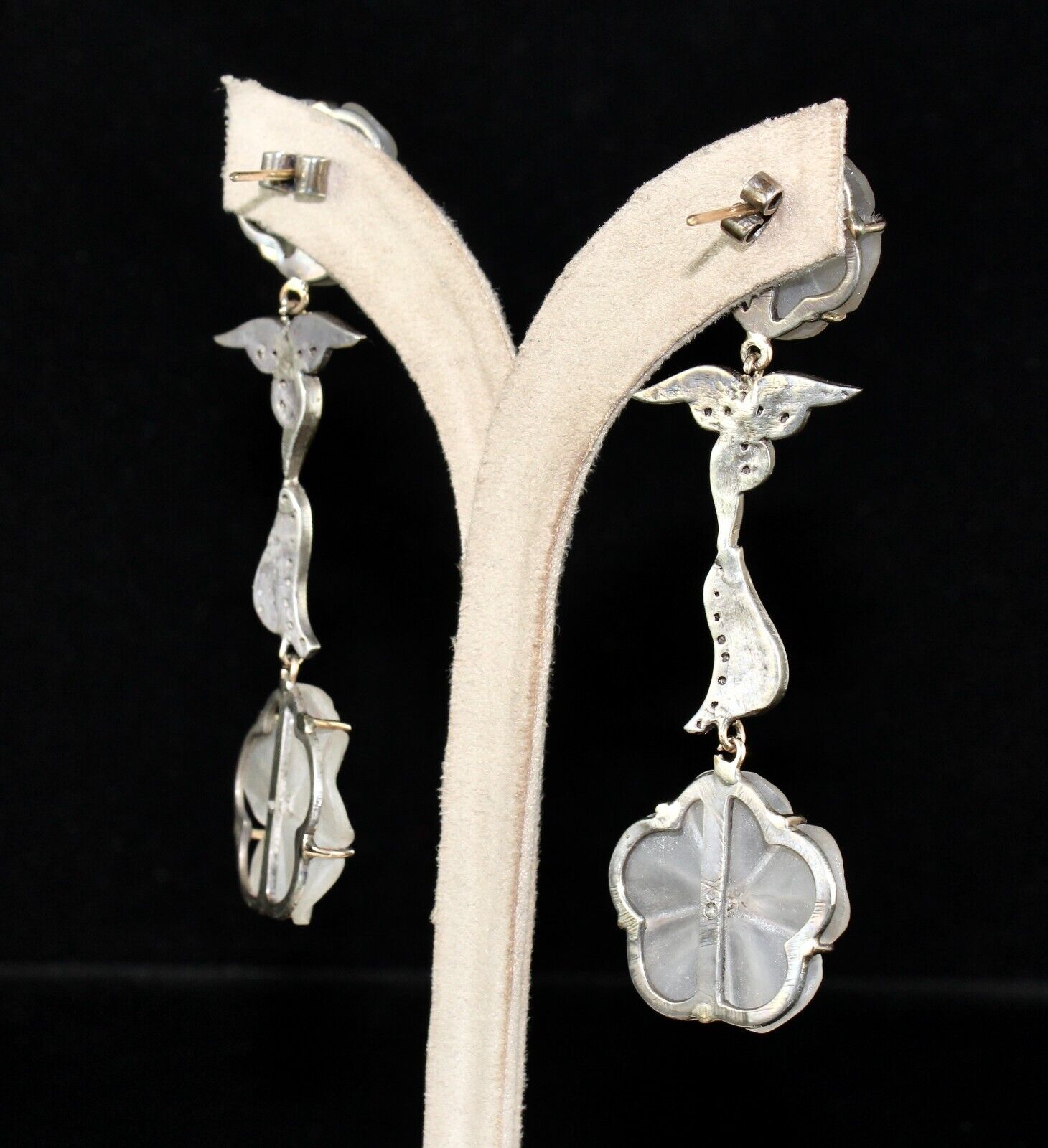 NATURAL ROCK CRYSTAL QUARTZ CARVED DIAMOND 18K GOLD 925 SILVER VICTORIAN EARRING