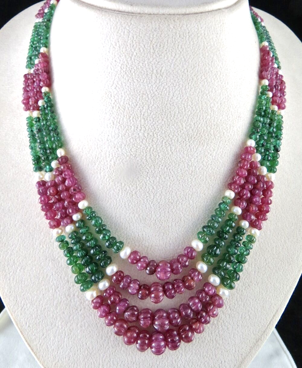 Certified Natural Ruby 368 Ct Emerald Melon Carved Pearl Antique Necklace