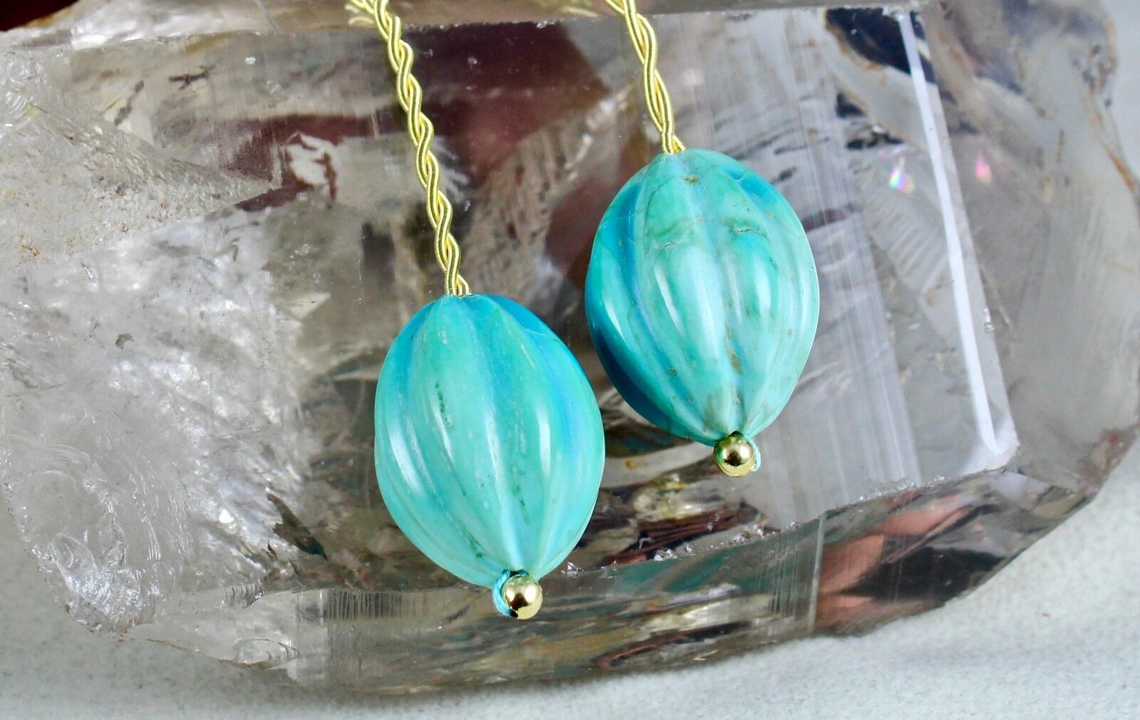 Natural Real Turquoise Beads Carved Melon Pair 94.60 Ct Gemstone For Earring