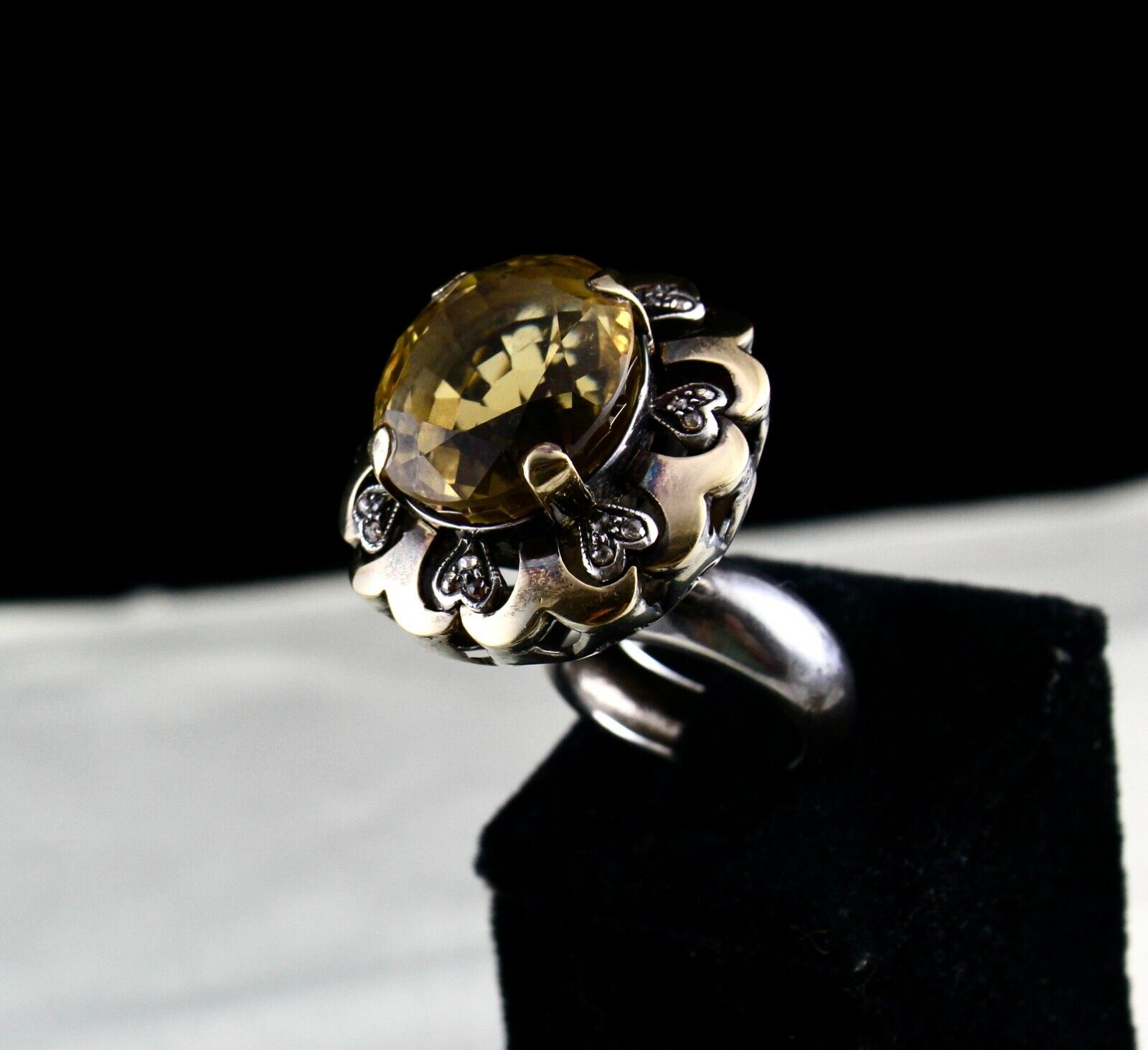 Antique Big Yellow Citrine Cut Diamond 18k Gold 925 Silver Ladies Victorian Ring