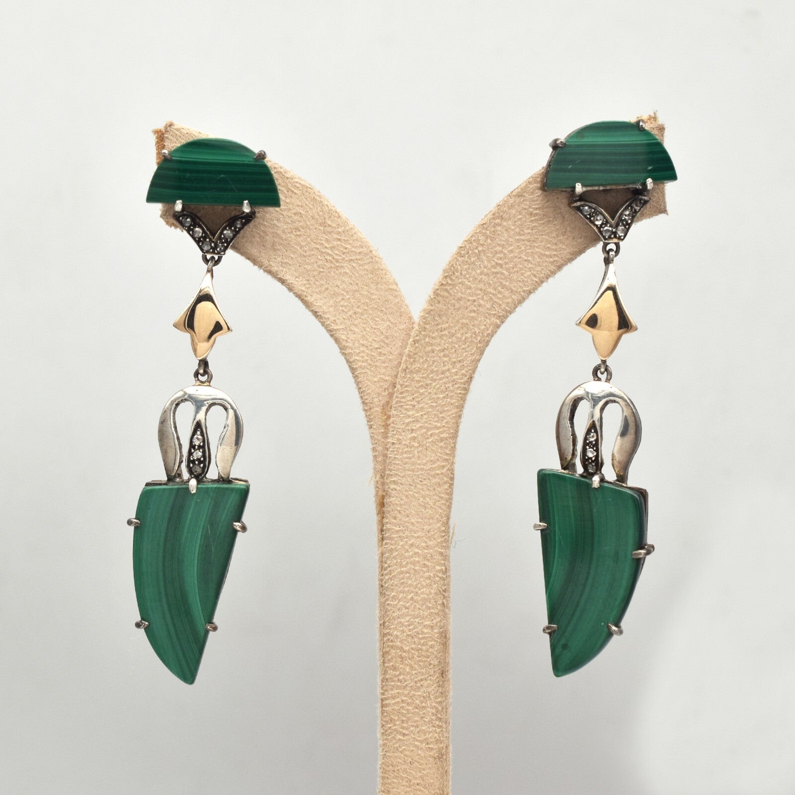 Vintage Natural Green Malachite Diamond 10ct Victorian Sterling Silver Earrings