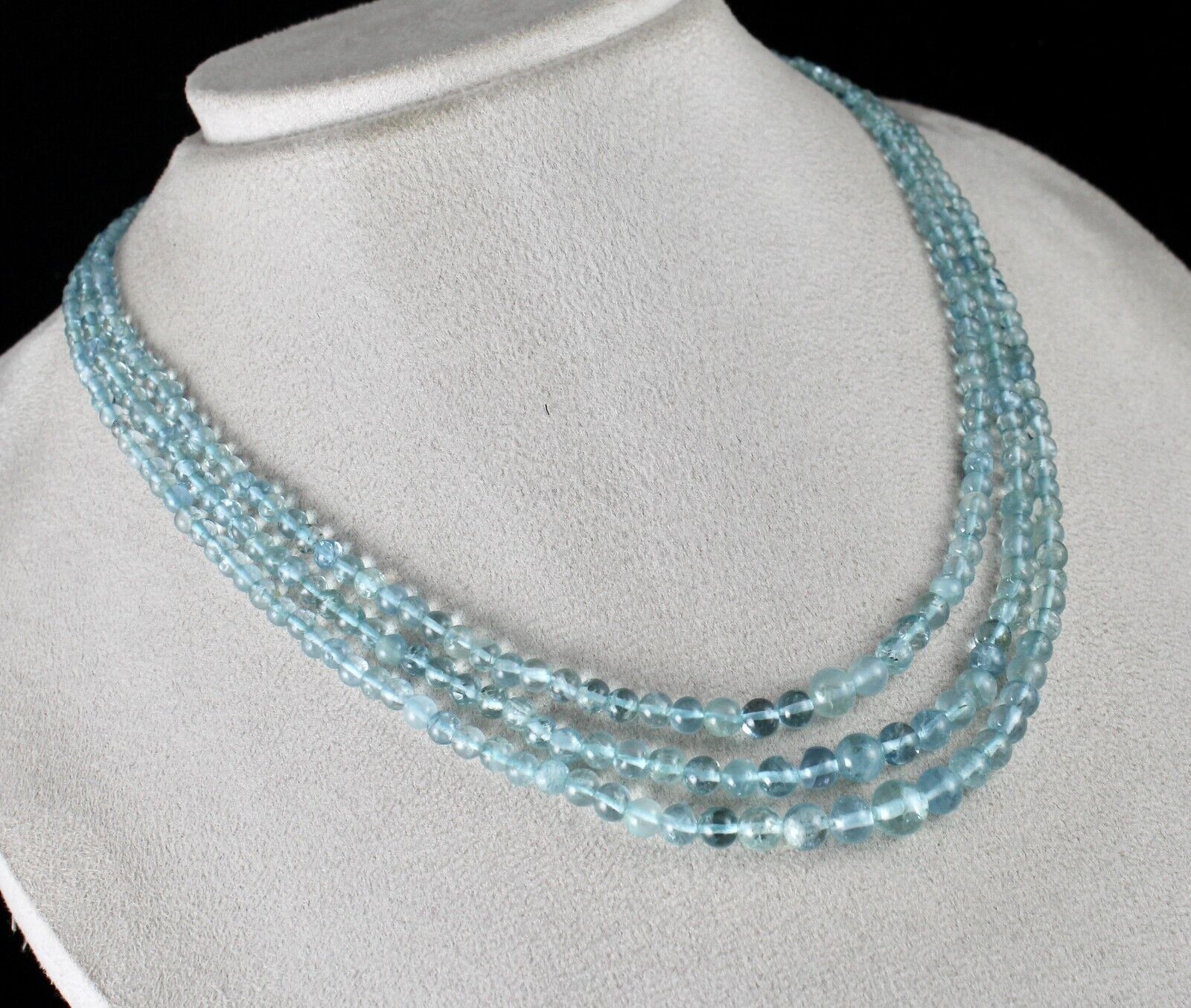 NATURAL AQUAMARINE BEADS ROUND 3 LINE 225 CARATS GEMSTONE BEADED NECKLACE