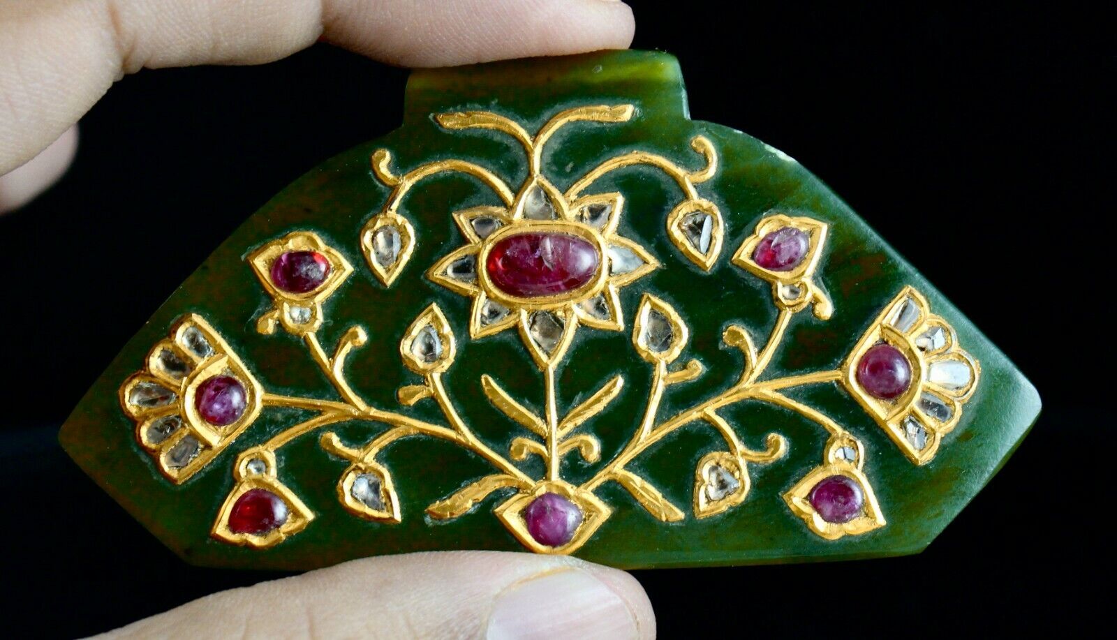 Natural Green Jade Old Pendant Flat Diamond Ruby 22K Gold Jadau Statement Piece
