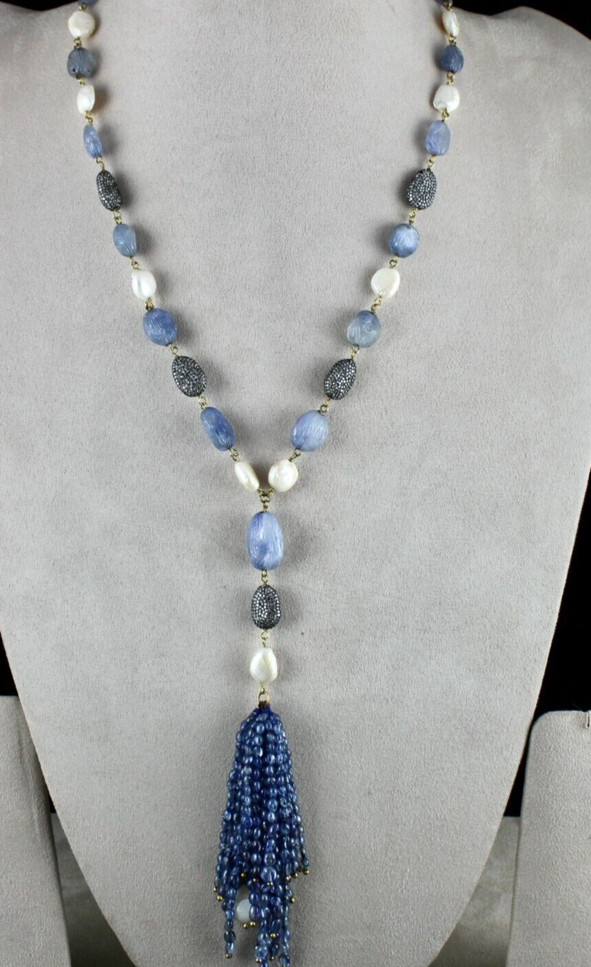 Certified Blue Sapphire 10ct Antique Pearl Natural Diamond Tassel Gold Necklace