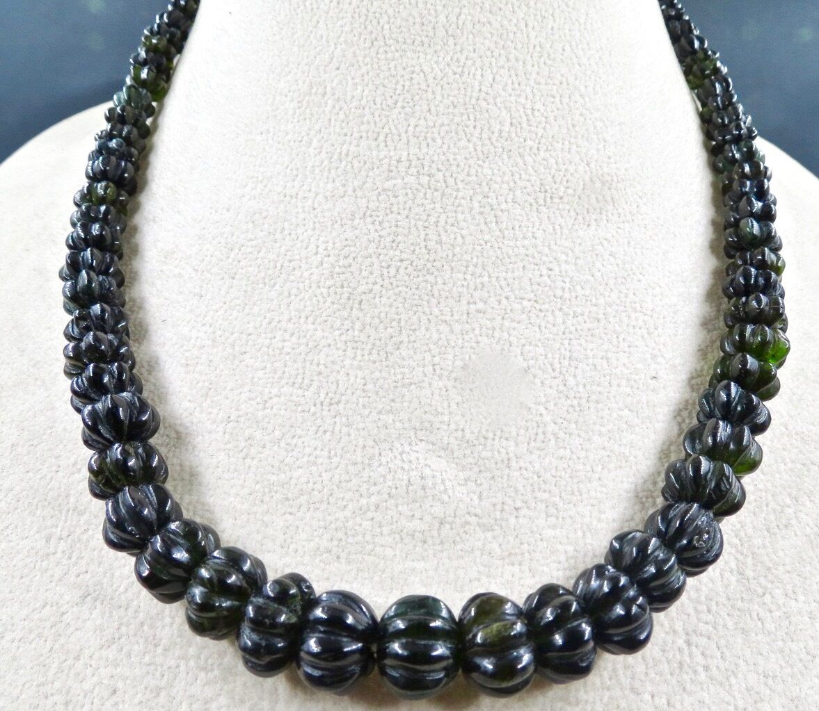 NATURAL BLACK TOURMALINE BEADS CARVED MELON 285 CARATS GEMSTONE SILVER NECKLACE