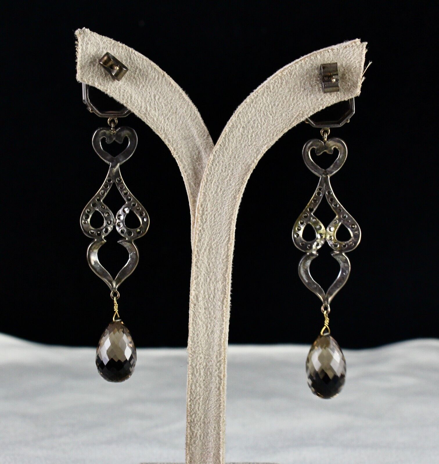 NATURAL SMOKY QUARTZ GEMSTONE DIAMOND 18K GOLD VICTORIAN SILVER DANGLE EARRING
