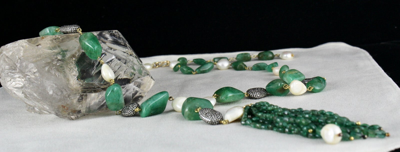 Certified Natural Emerald Beads 10ct Diamond Pearl 18k Gold Necklace Set