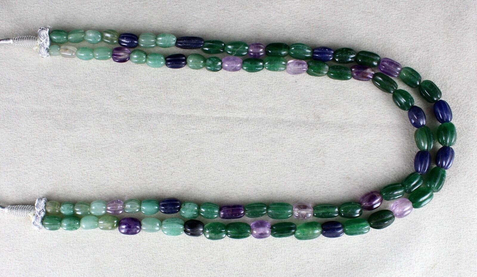 MULTI MIX CARVED SEMI-PRECIOUS BEADS 2 LINE 397 CARATS GEMSTONE FASHION NECKLACE