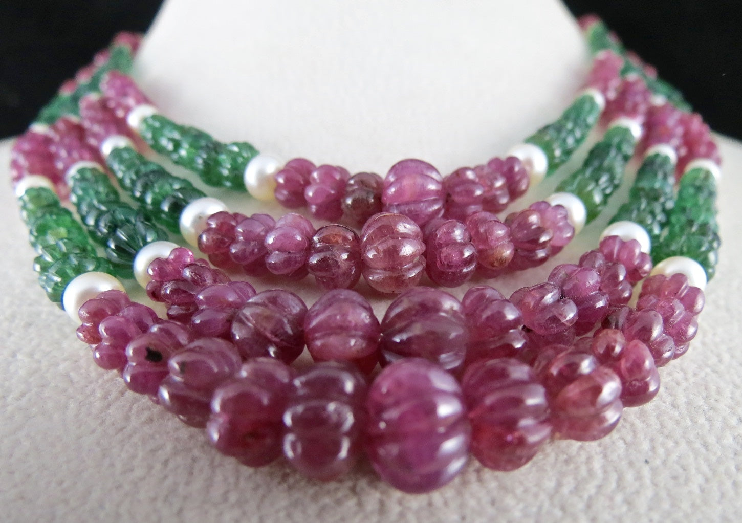 Certified Natural Ruby 368 Ct Emerald Melon Carved Pearl Antique Necklace