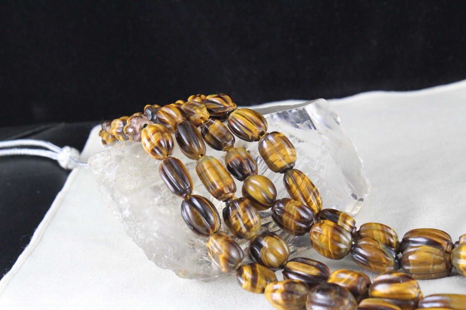 NATURAL TIGER'S EYE BEADS CARVED 2 LINE 785 CTS GEMSTONE LADIES ANTIQUE NECKLACE