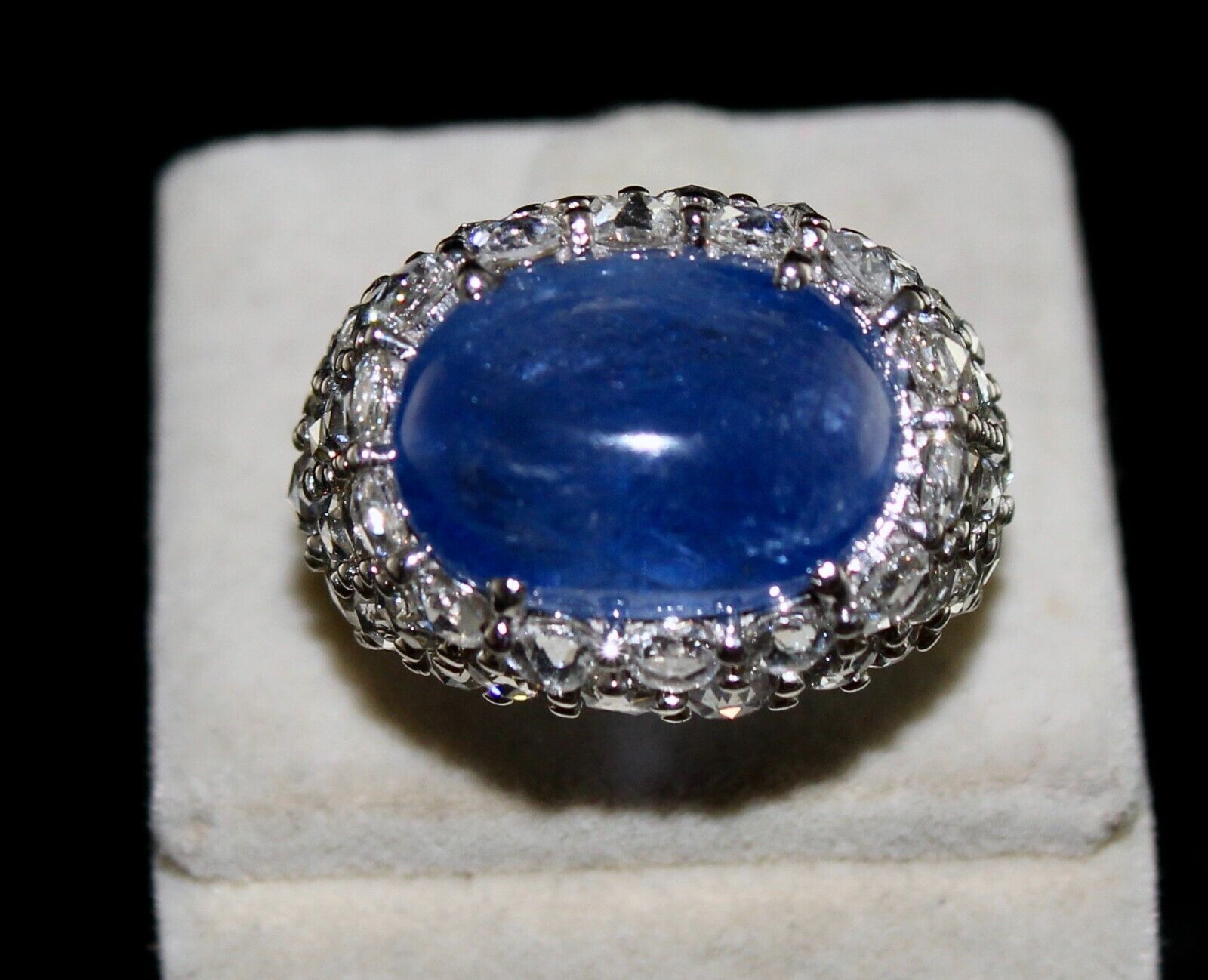 Natural Blue Sapphire Cabochon Rose Cut Diamond Studded 18k Gold Cocktail Ring