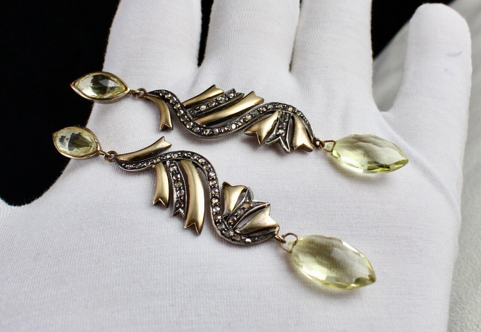NATURAL LEMON QUARTZ TEAR DROPS DIAMOND 18K GOLD 925 SILVER VICTORIAN EARRING