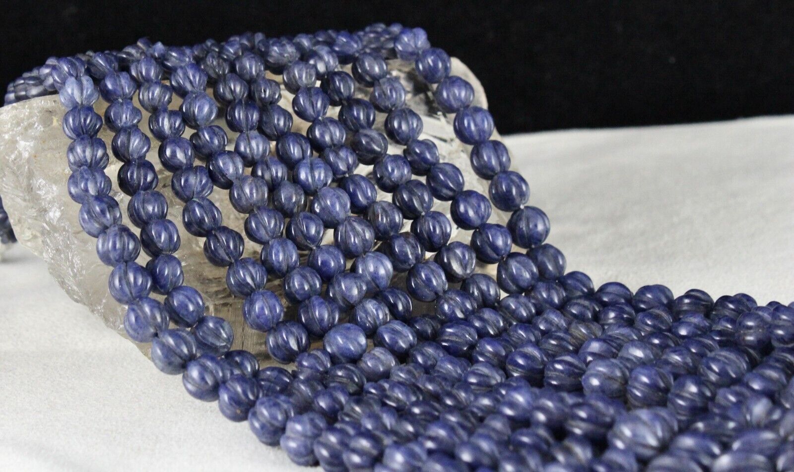 NATURAL BLUE JADE BEADS CARVED ROUND GEMSTONE 5 LINE 977 CTS FASHION NECKLACE