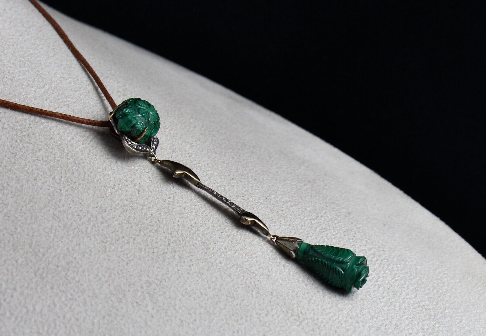 NATURAL MALACHITE CARVED DIAMOND SILVER 18K GOLD VICTORIAN PENDANT EARRING SET