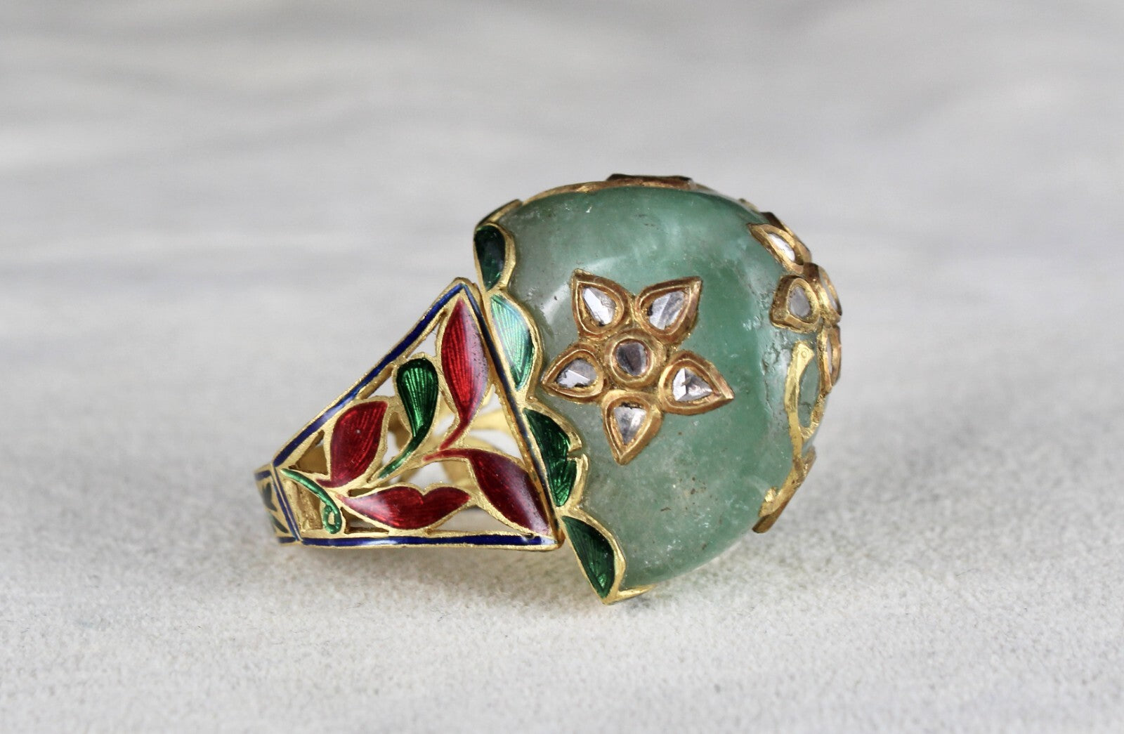 Antique Natural Colombian Emerald 10ct Diamond Kundan Meena Jadau Certified Ring