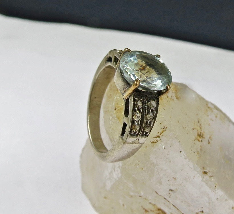 Aquamarine Blue Oval 24.21ct Natural Diamond 18k Gold Ring 925 Sterling Silver