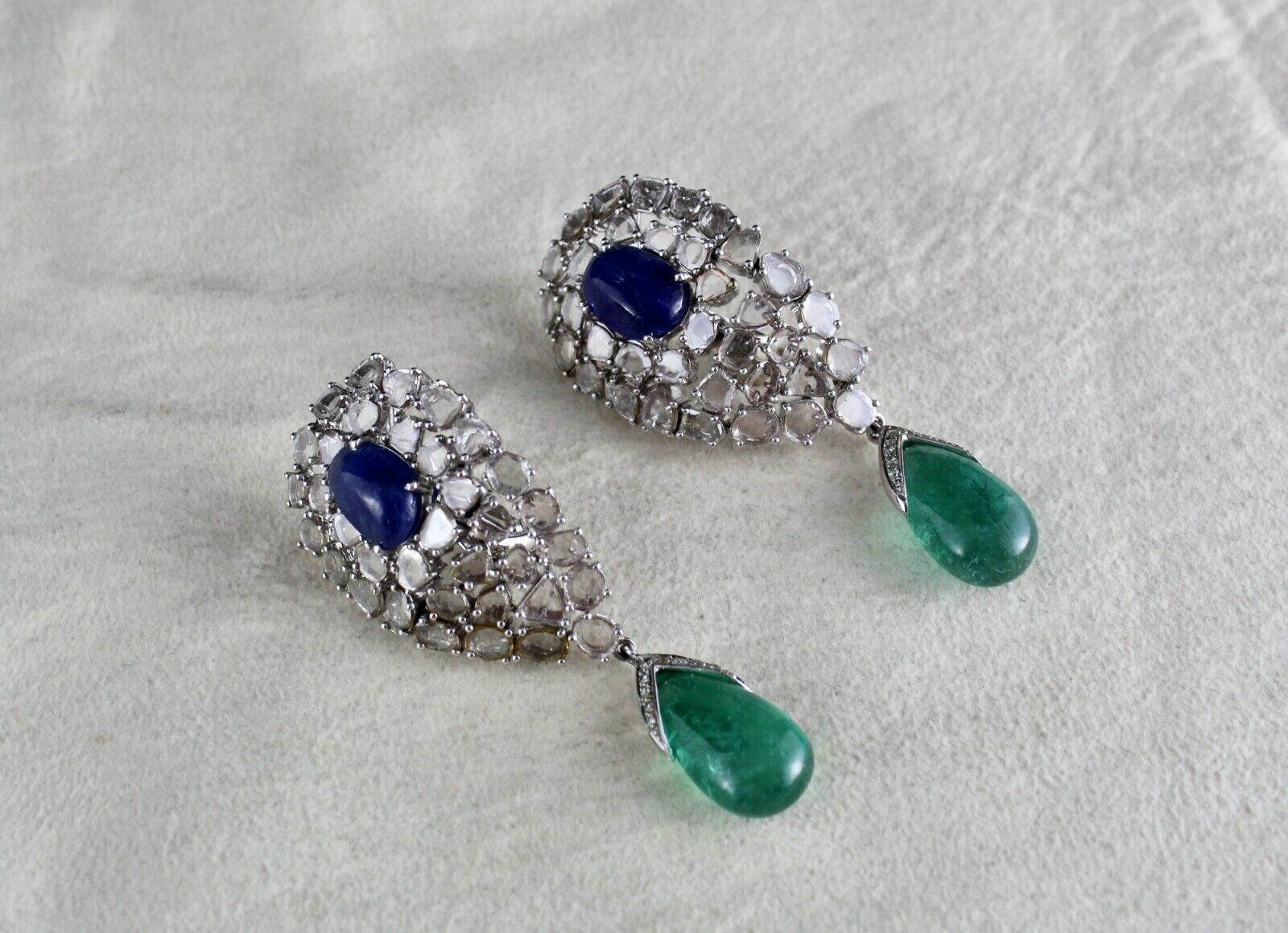Natural Blue Sapphire Emerald Cabochon Diamond 18K Gold Classic dangle Earring