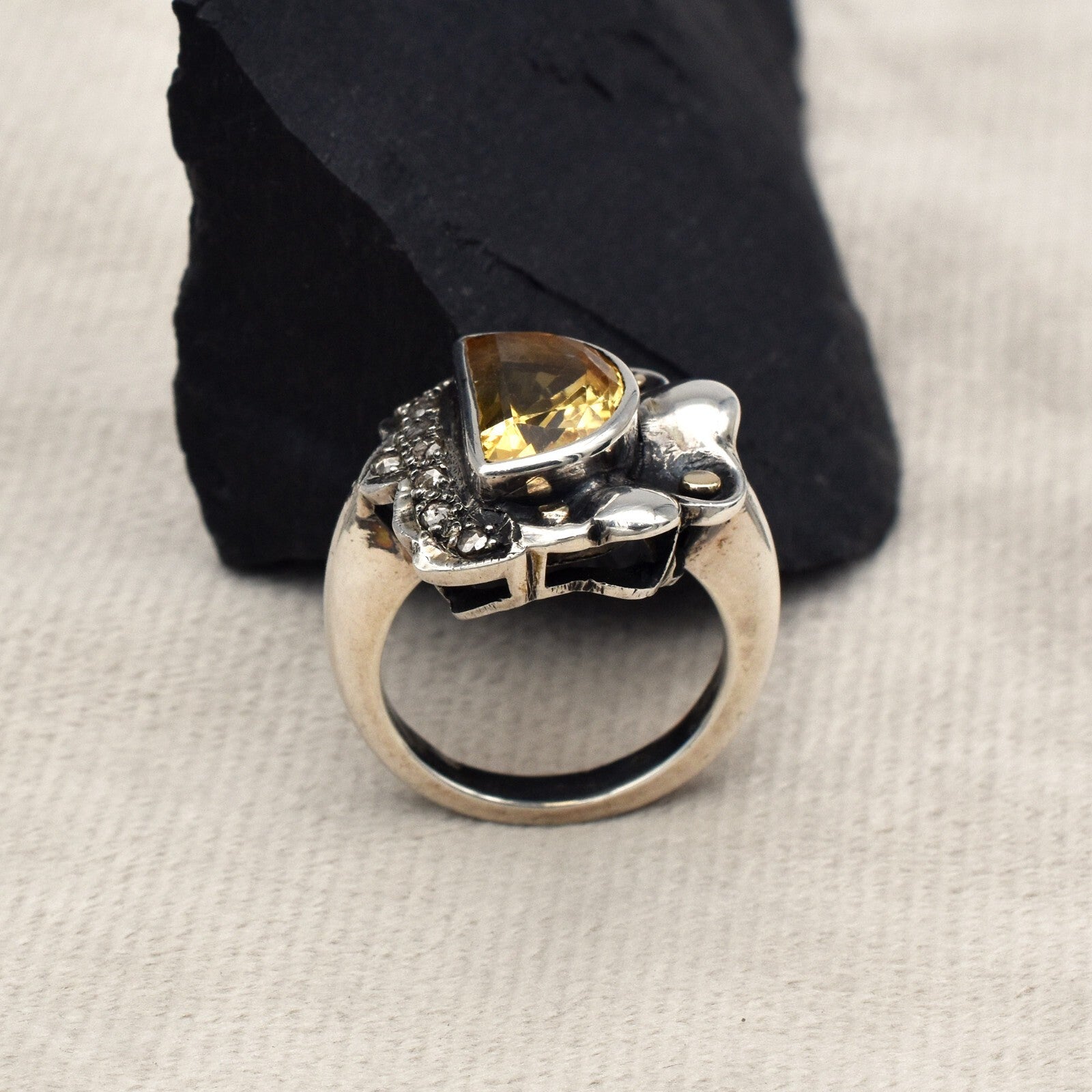 Vintage Natural Yellow Citrine 10ct Diamond 18k Gold Sterling Silver Ring