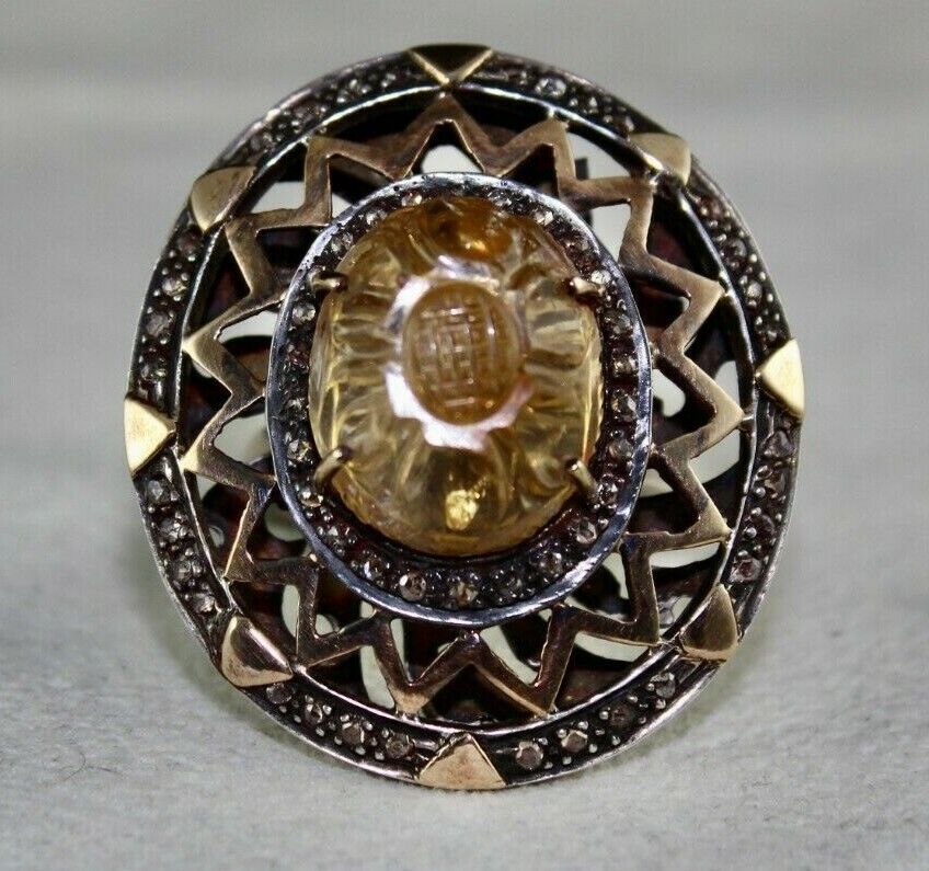 Antique Yellow Citrine Carved Diamond 18k Gold 925 Silver Ladies Victorian Ring