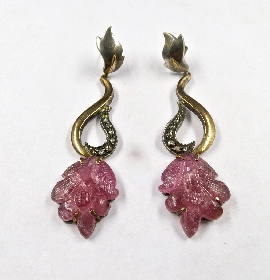 NATURAL PINK TOURMALINE CARVED DIAMOND 18K GOLD 925 SILVER VICTORIAN EARRING