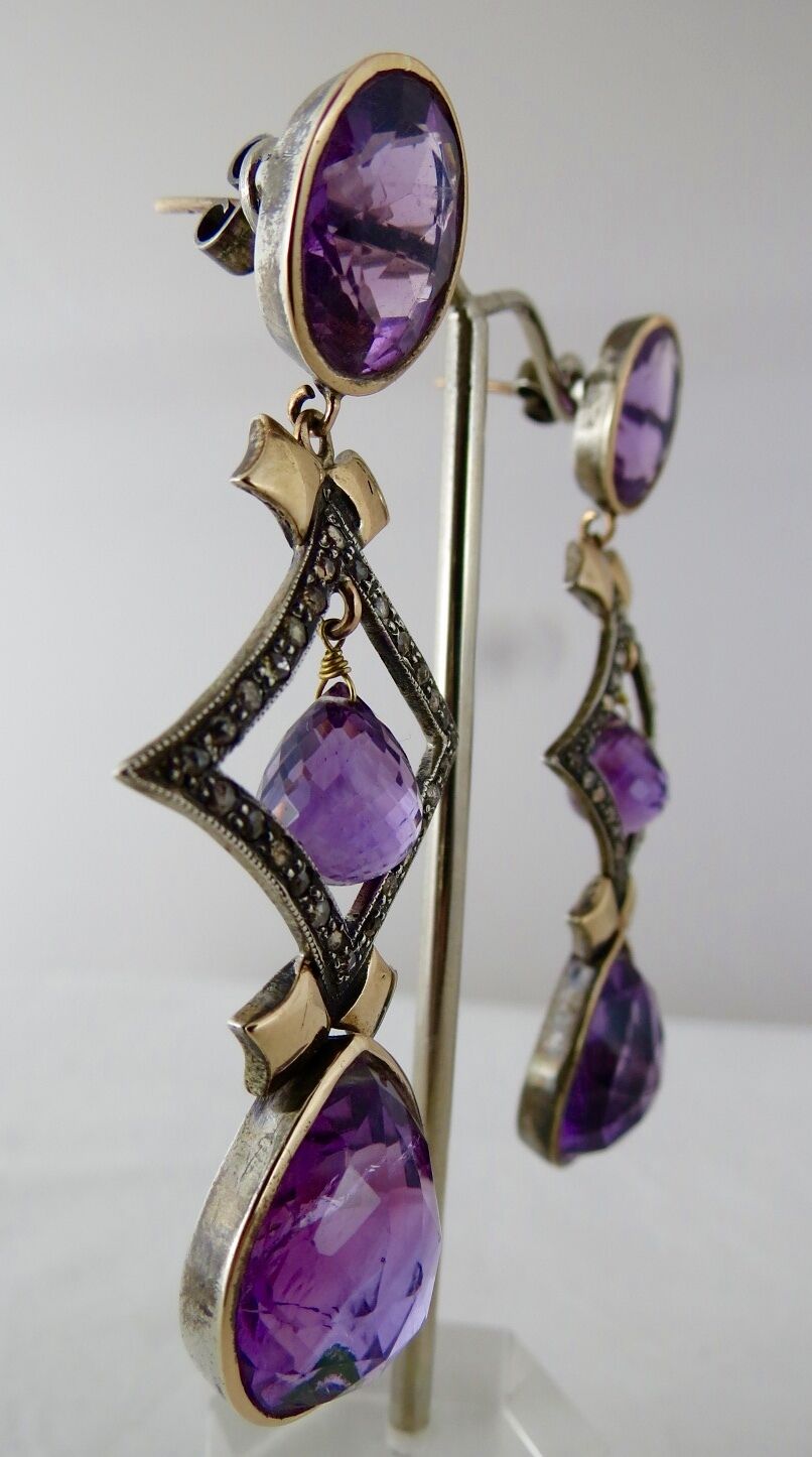 Estate Natural Amethyst Diamond 18 K Gold & 925 Silver Victorian Dangle Earring
