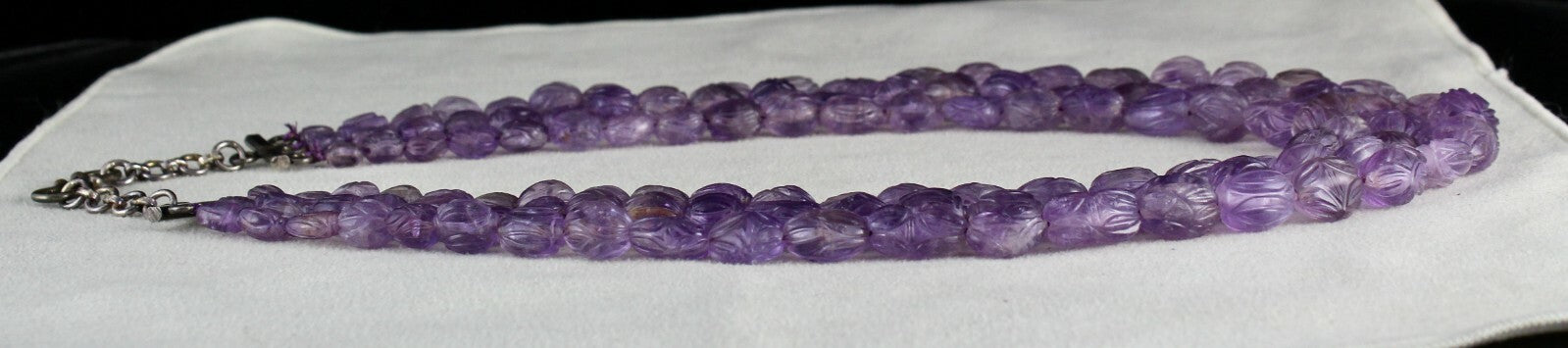 Antique Carved Amethyst Beads Necklace 716 Ct Sterling Silver 3 Line Gemstone