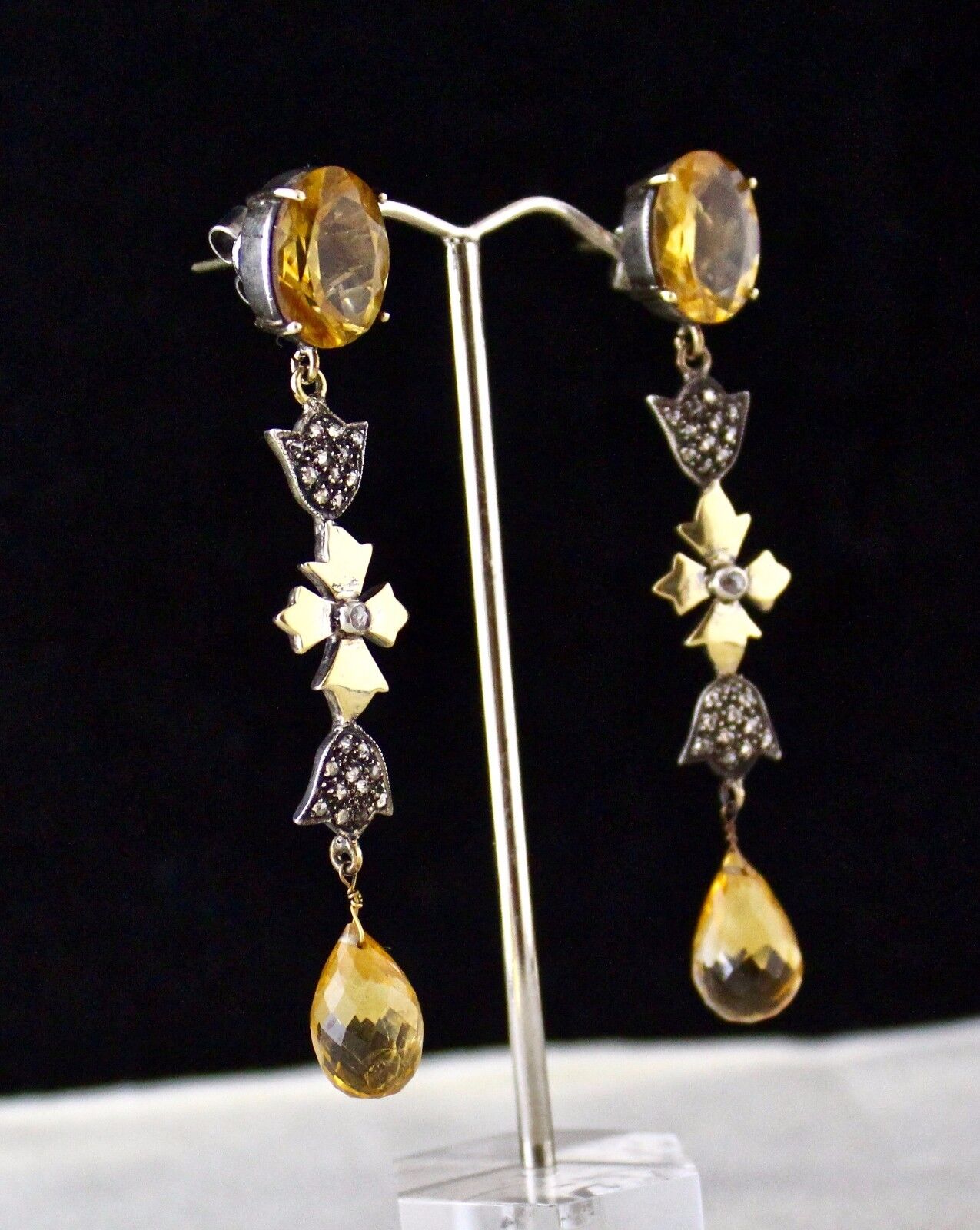 YELLOW CITRINE CUT DROP GEMSTONE DIAMOND 18K GOLD 925 SILVER VICTORIAN
