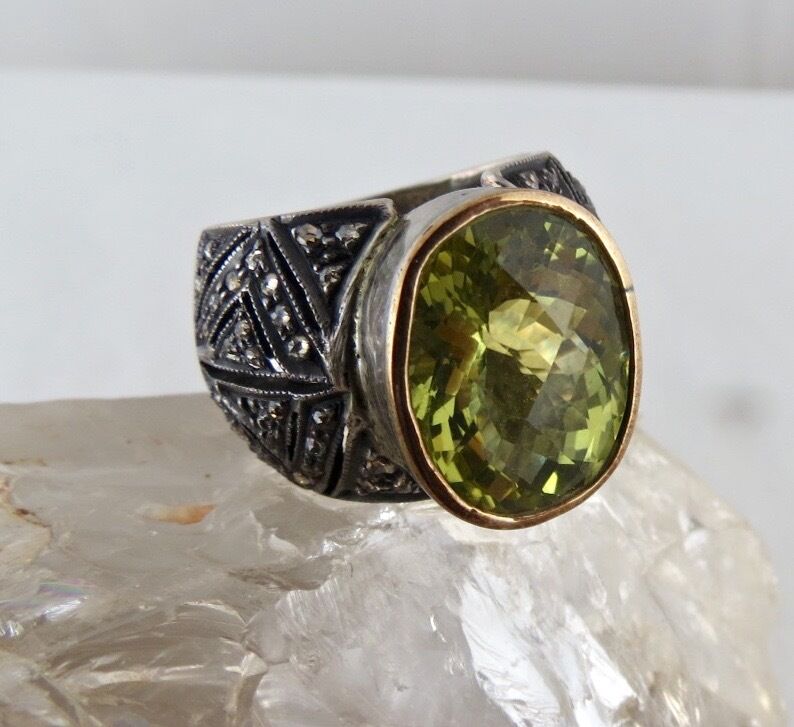 NATURAL LEMON QUARTZ OVAL GEMSTONE DIAMOND 18 K GOLD & 925 SILVER LADIES RING