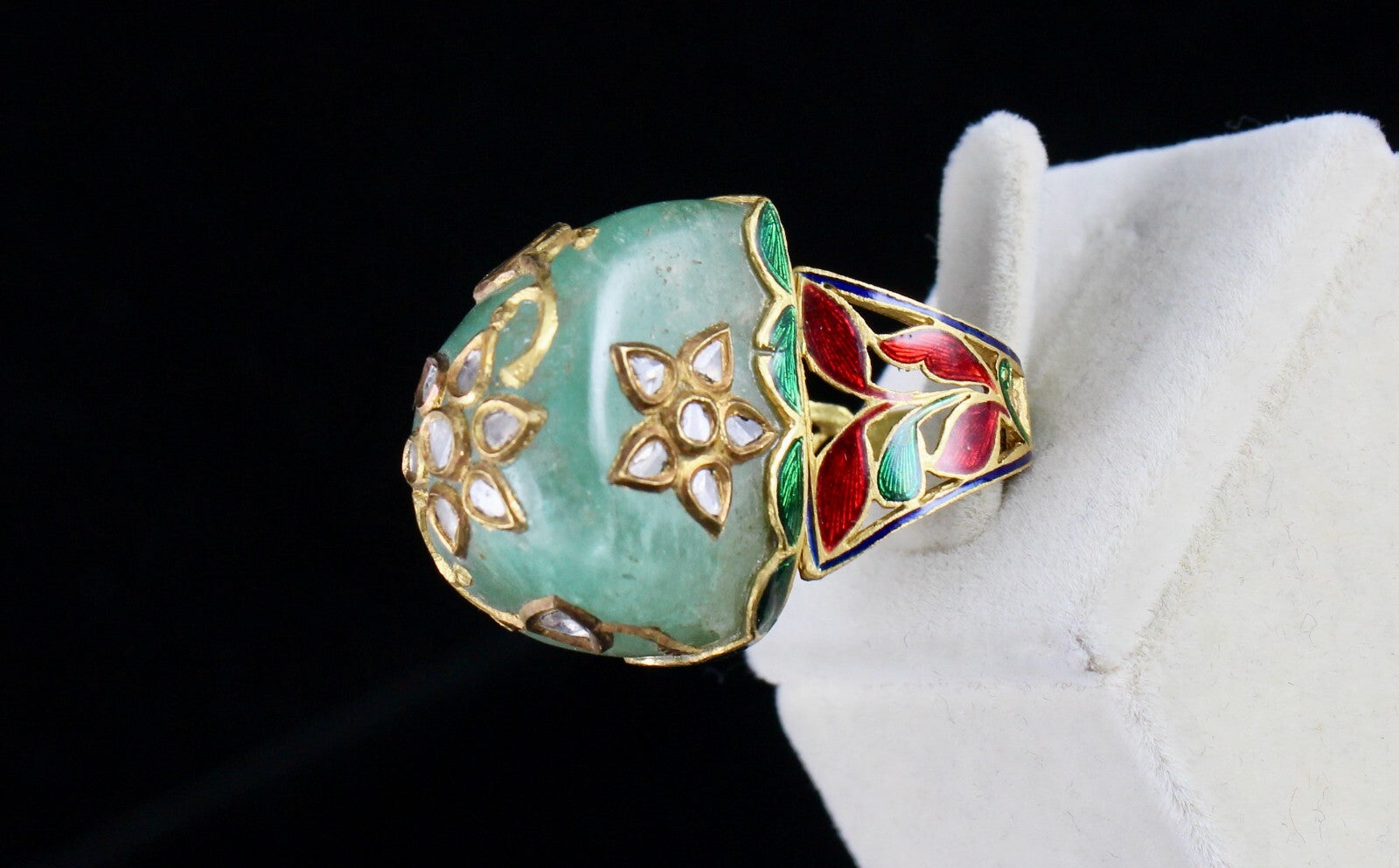 Antique Natural Colombian Emerald 10ct Diamond Kundan Meena Jadau Certified Ring