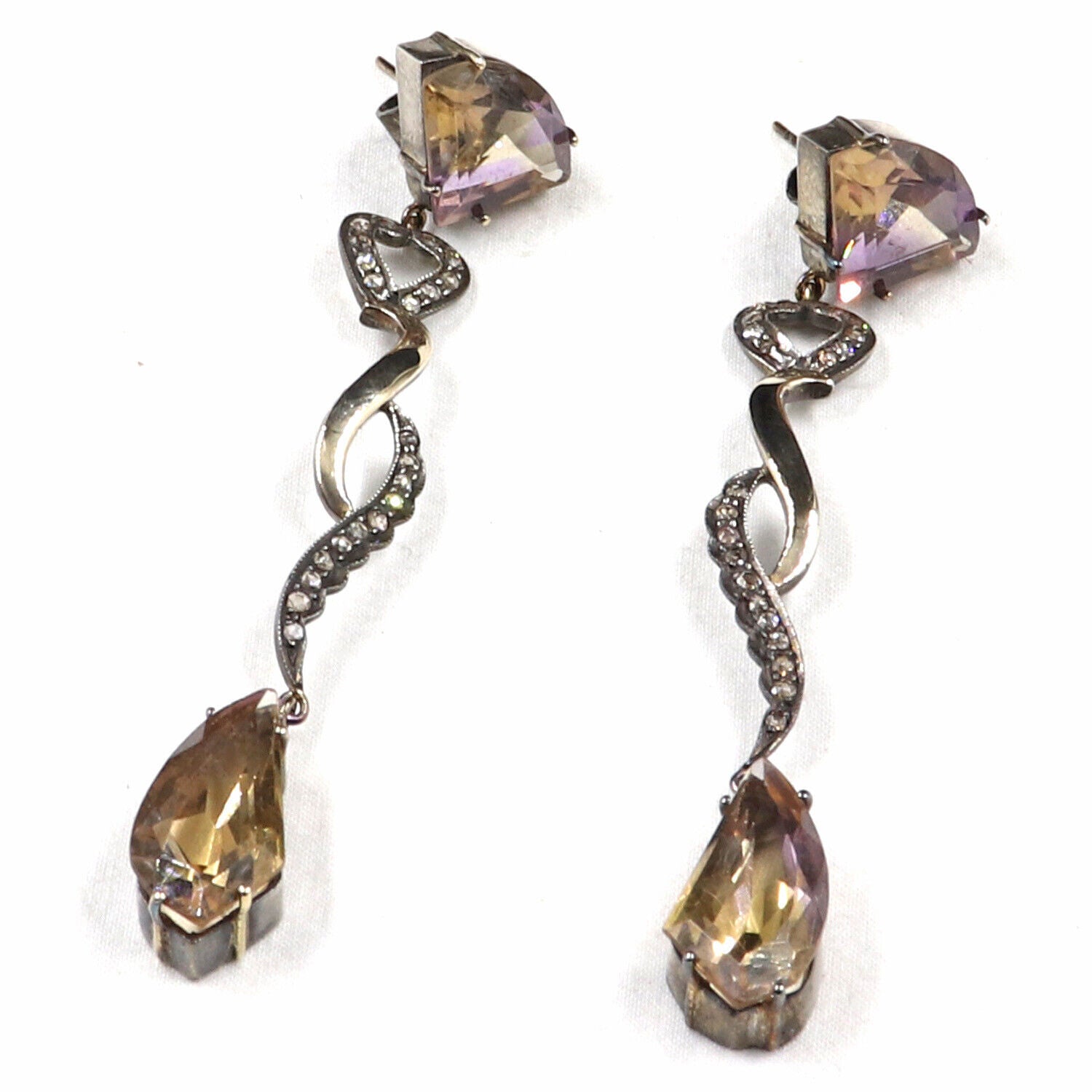 Natural Ametrine Multi Cut 18K Gold Diamond & 925 Silver Victorian Earring