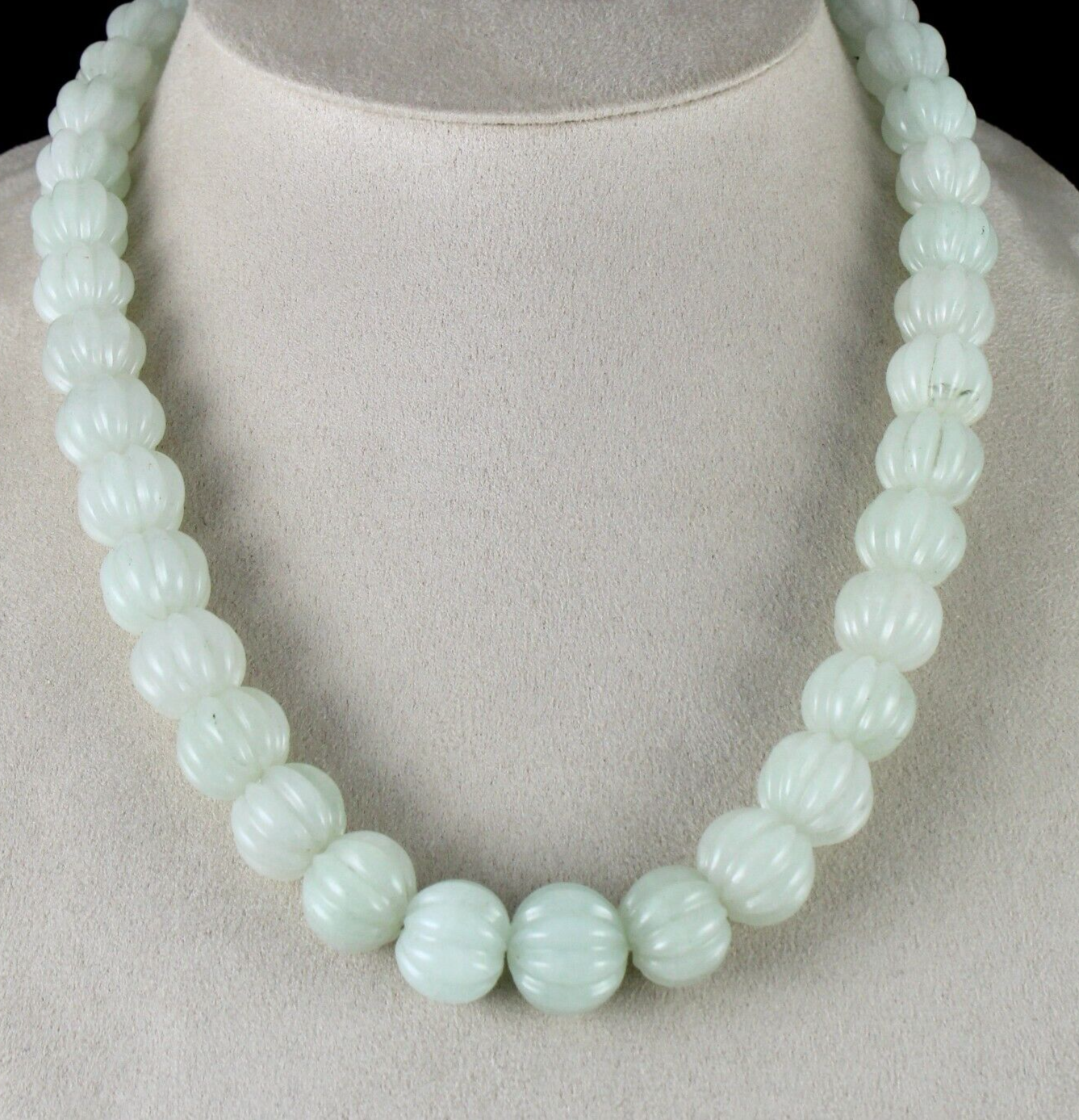 Natural Aventurine Jade 828 Ct Melon Carved Beads Sterling Silver Necklace