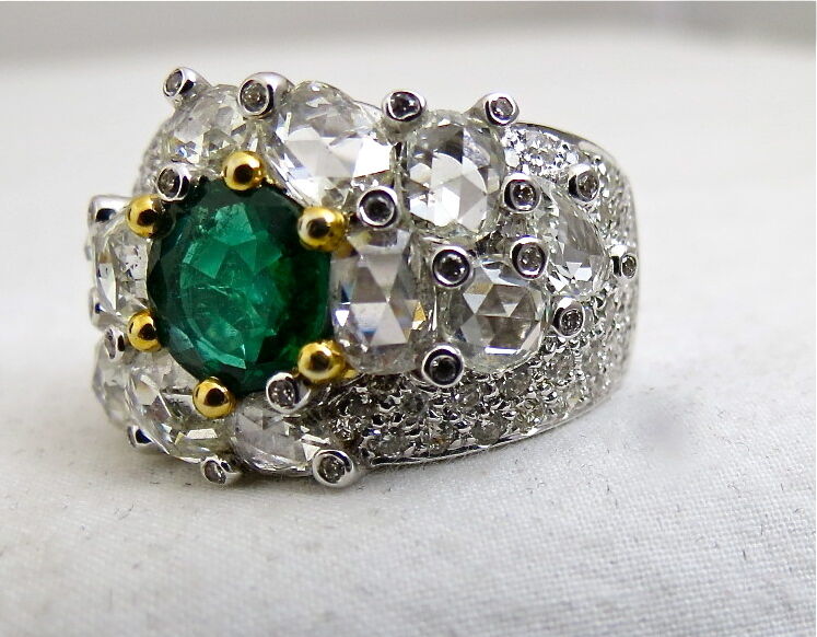 TOP NATURAL ZAMBIAN EMERALD ROUND CUT ROSE CUT DIAMOND 18K GOLD STATEMENT RING