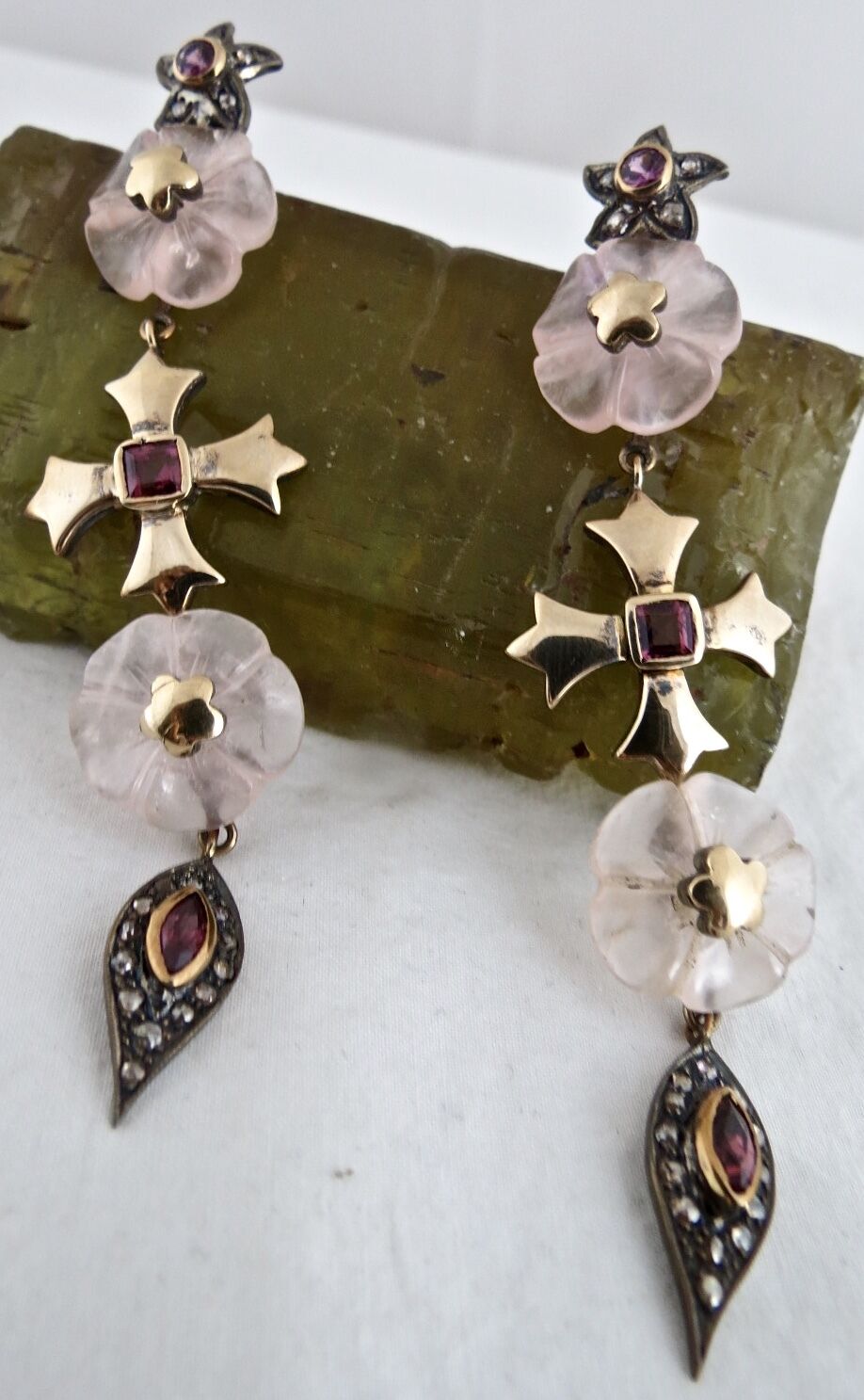 Natural Rose Quartz Carved Garnet Diamond 18K Gold 925 Silver Victorian Earring