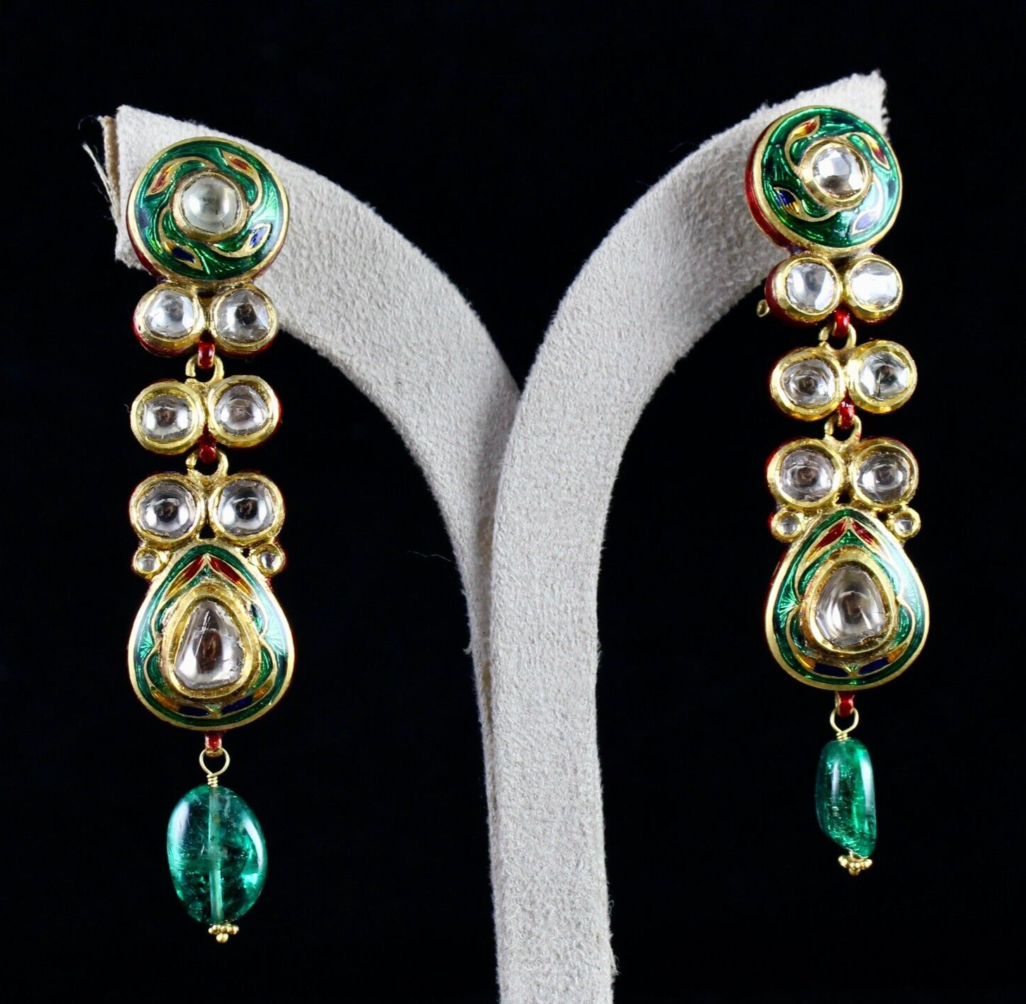 Certified Old Natural Diamond Cut Emerald 22k Gold Jadau Dangle Earrings 152.5ct