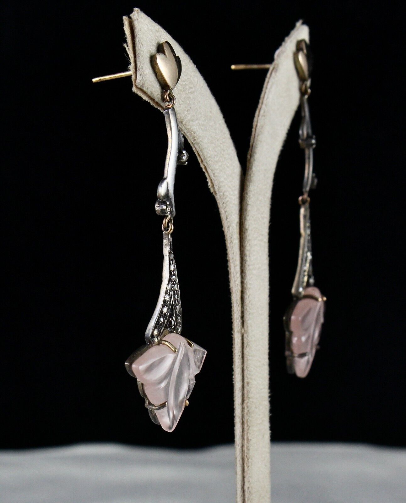NATURAL ROSE QUARTZ CARVED LEAF DIAMOND 18K GOLD 925 SILVER VICTORIAN EARRING