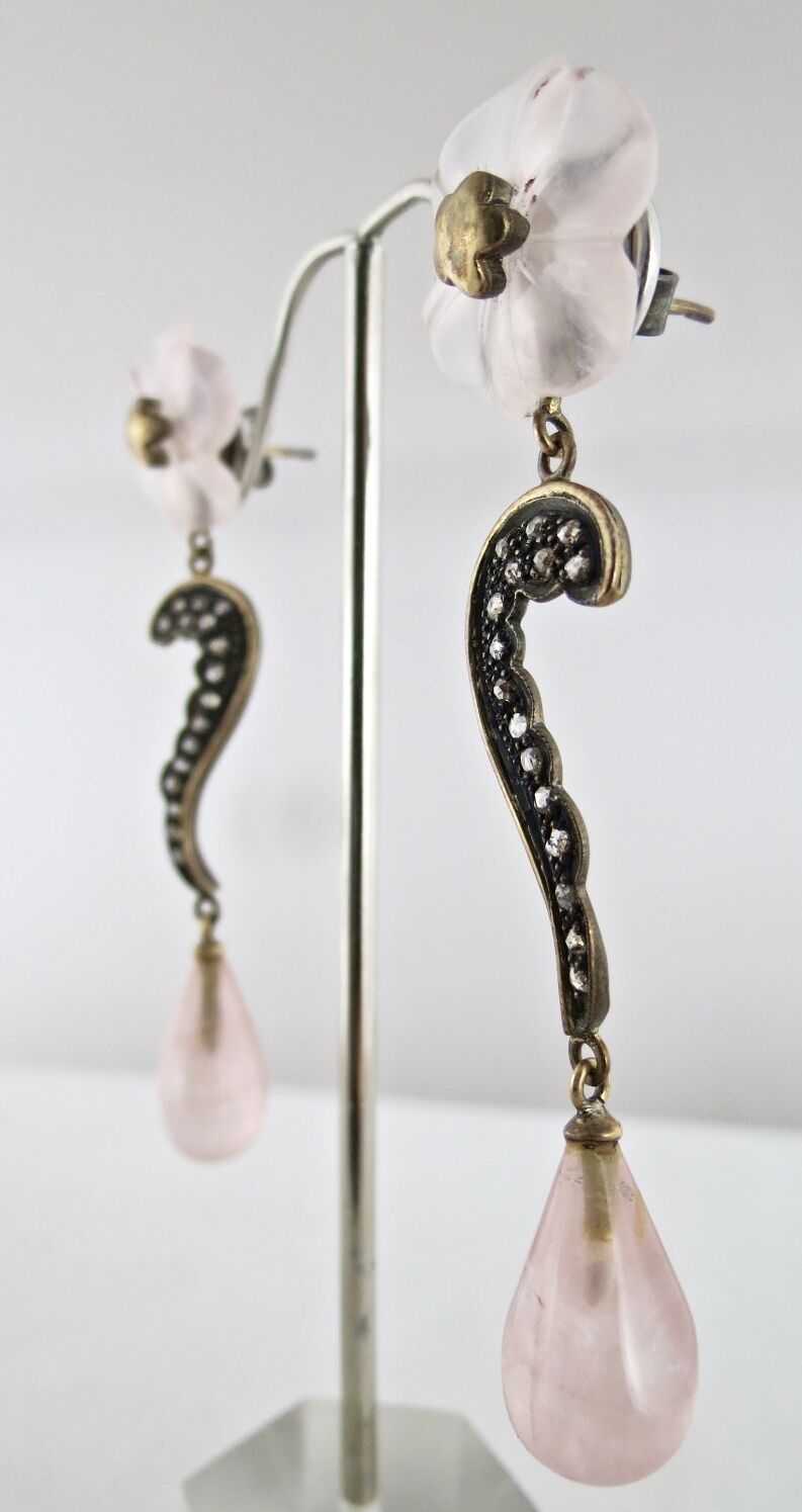 NATURAL ROSE QUARTZ CARVED FLOWER DIAMOND 18 K GOLD 925 SILVER VICTORIAN EARRING